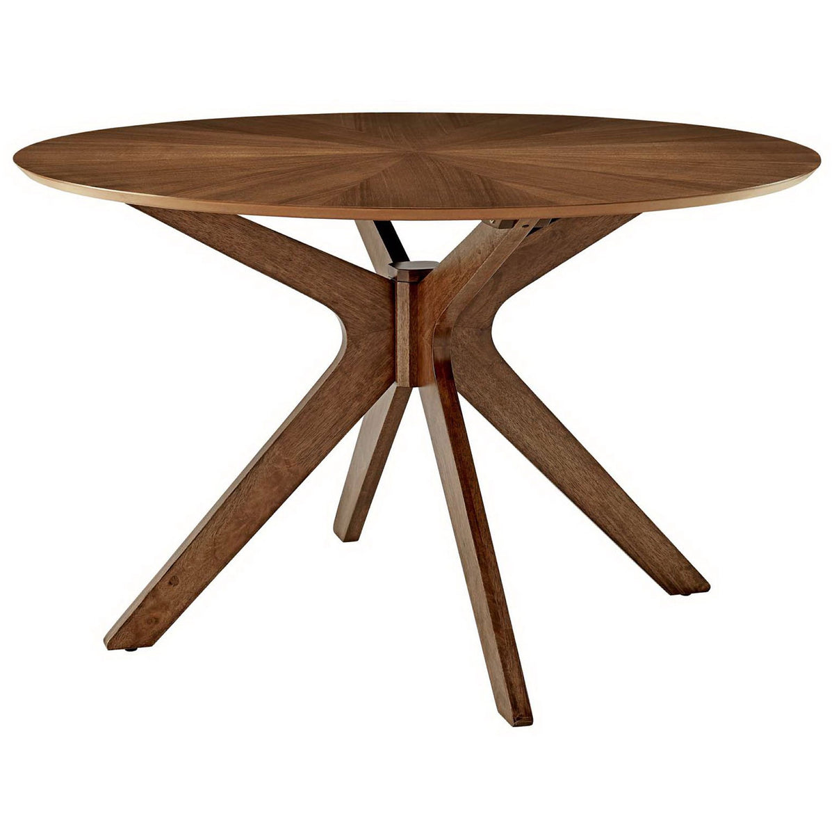 Walnut round dining table showcasing the starburst wood grain and sculptural intersecting base || EEI-3847-WAL || front_angle_studio