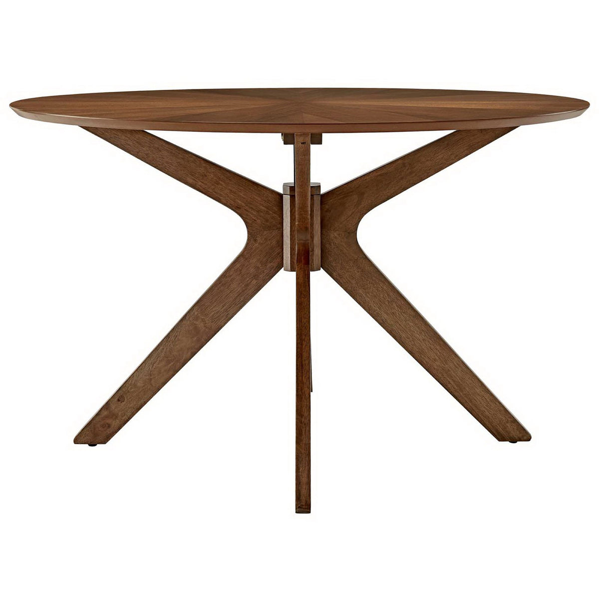 Round walnut dining table with intersecting wood base and smooth beveled edge top || EEI-3847-WAL || front_studio