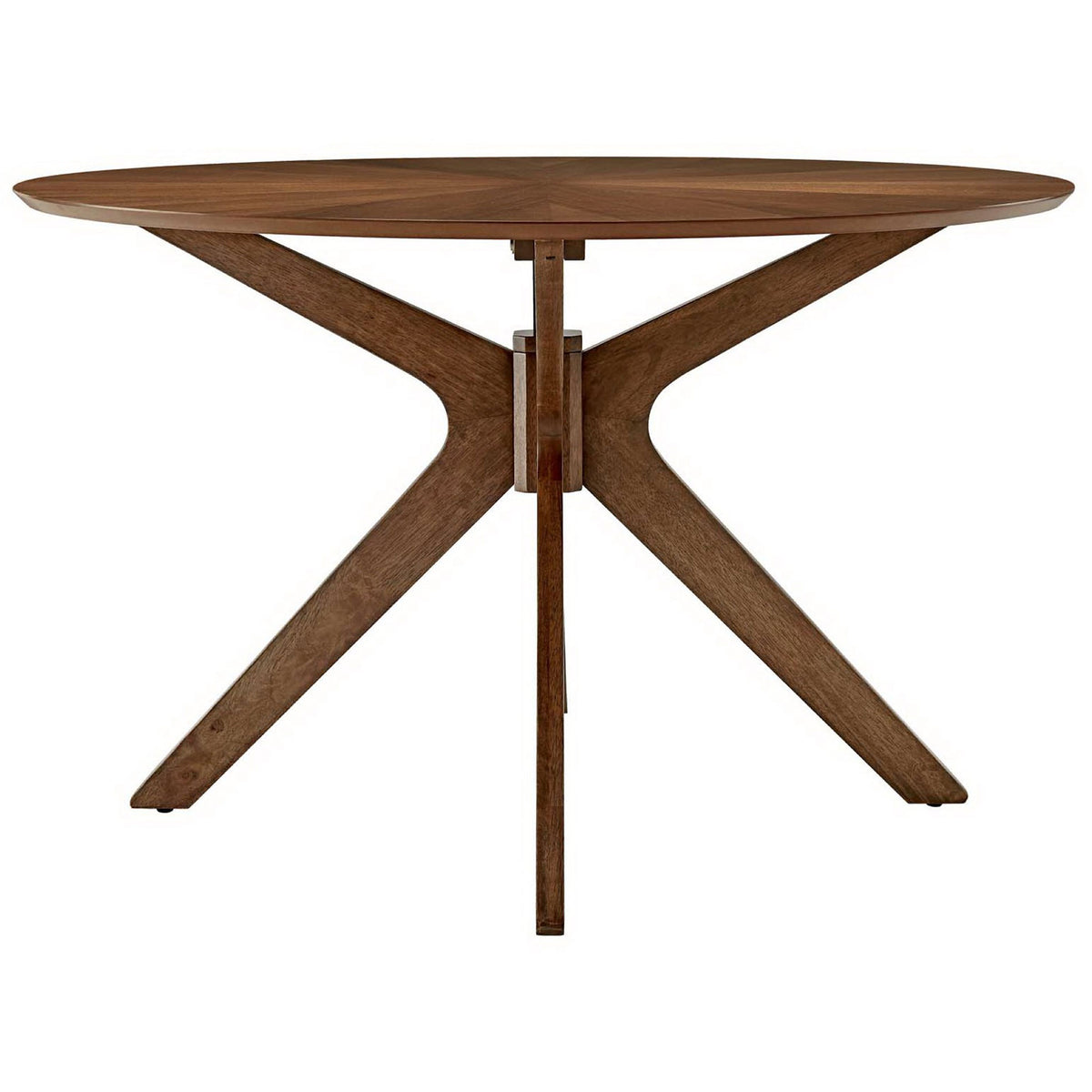 Mid-century style walnut round dining table with a clean, airy pedestal base || EEI-3847-WAL || front_studio