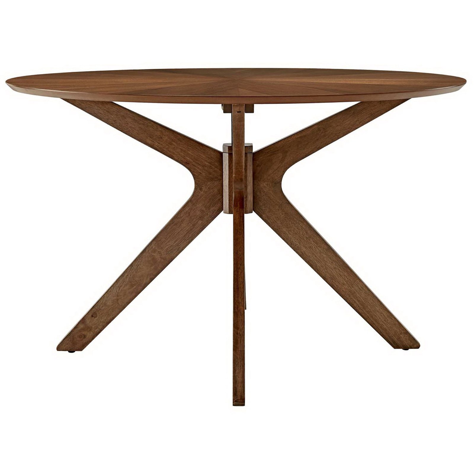 Mid-century style walnut round dining table with a clean, airy pedestal base || EEI-3847-WAL || front_studio