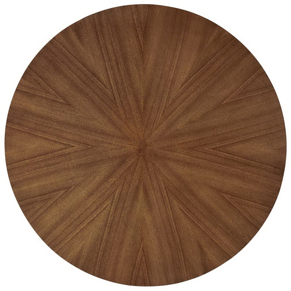 Walnut round tabletop with a bold starburst wood veneer pattern at the center || EEI-3847-WAL || top_studio