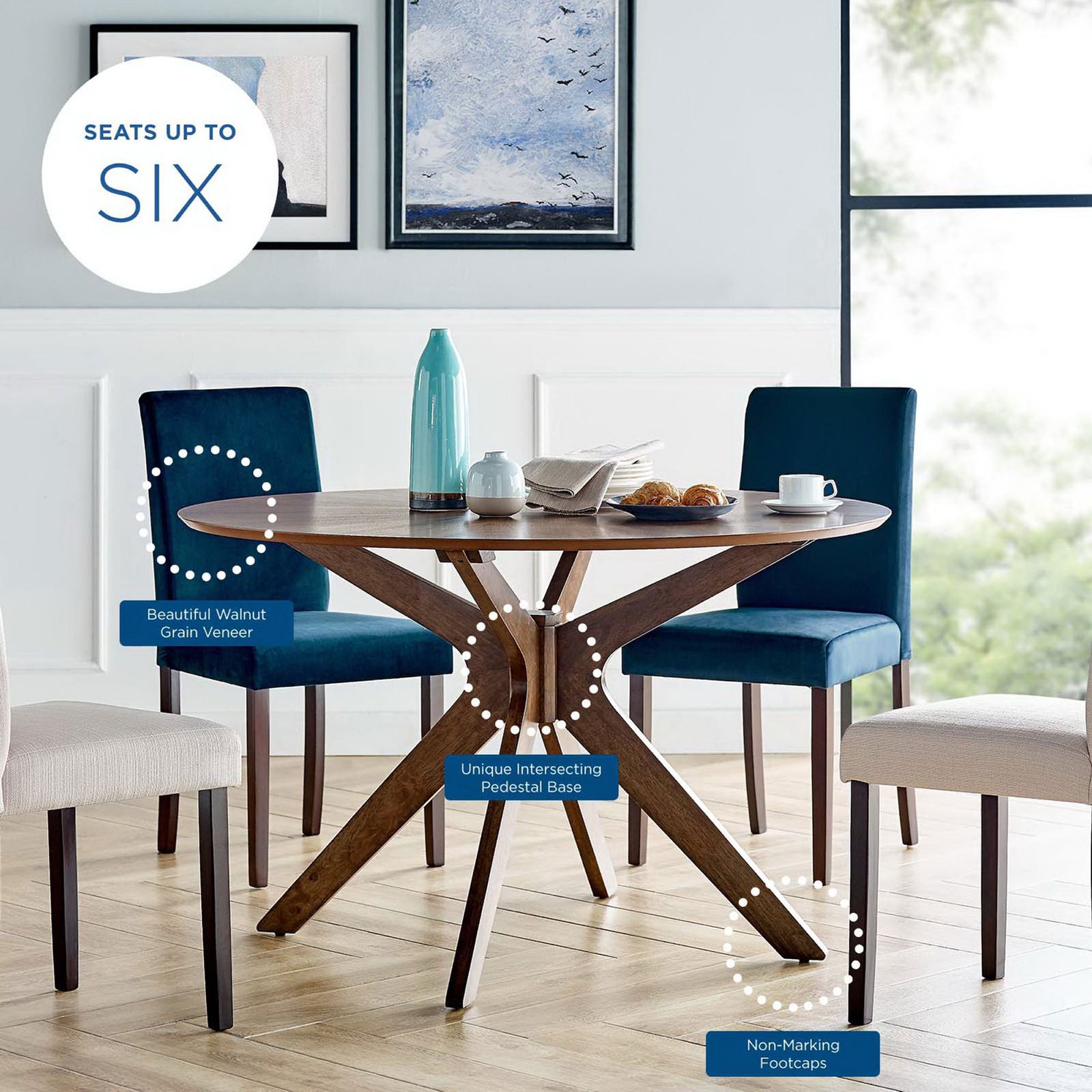 Walnut round dining table surrounded by chairs with graphic callouts highlighting key features || EEI-3847-WAL || callout_room