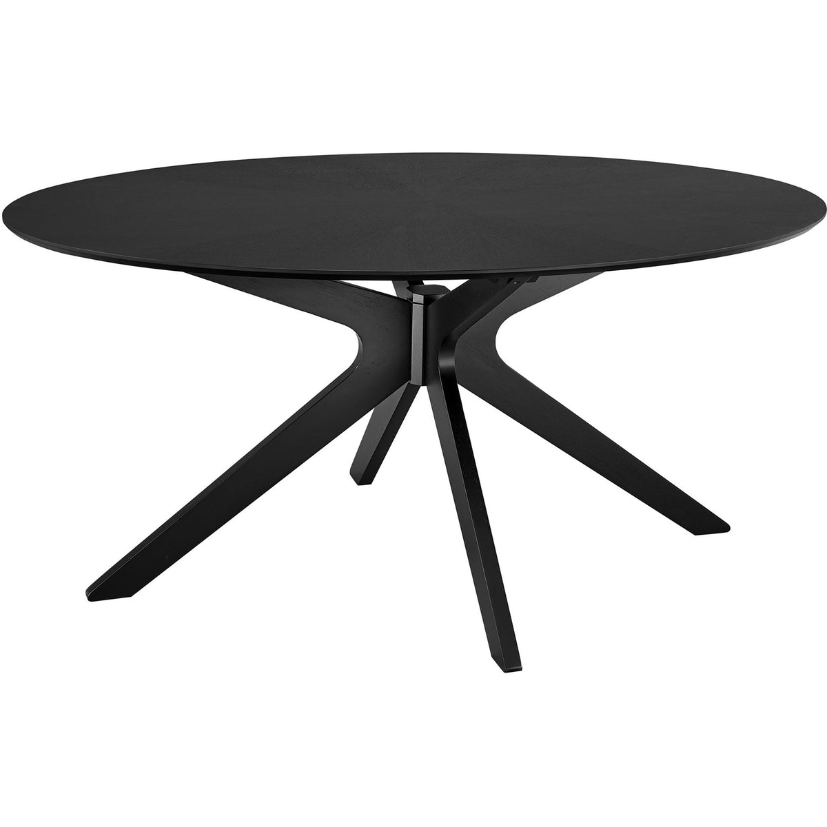 Black oval dining table featuring splayed wooden legs and a sculptural intersecting base || EEI-3848-BLK || front_angle_studio