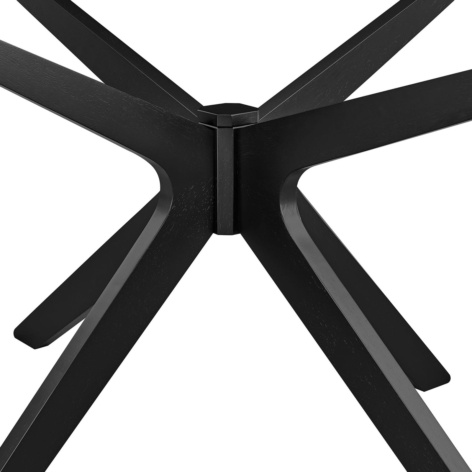 Detail of black wood dining table base with intersecting legs and refined joinery || EEI-3848-BLK || detail_studio