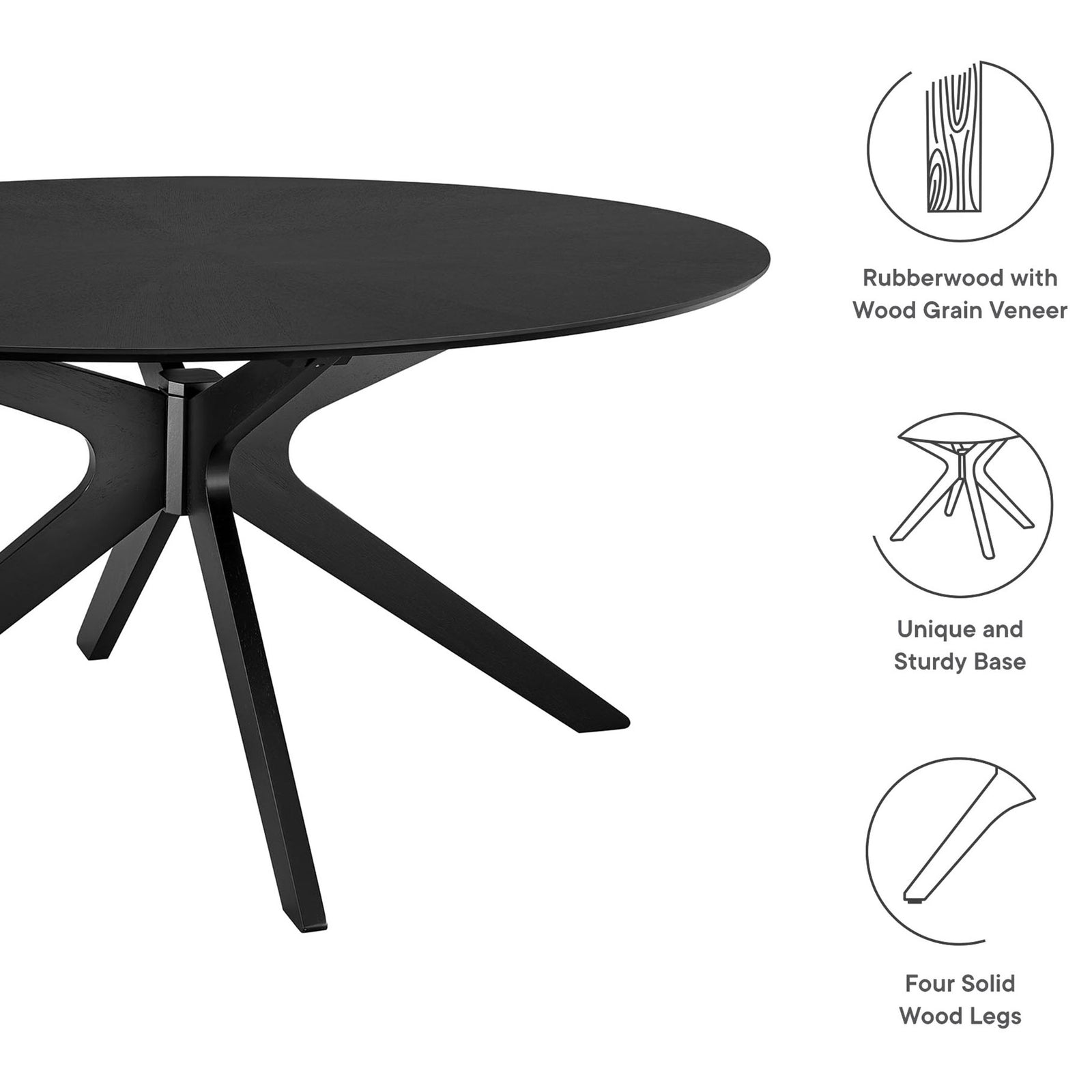 Black oval dining table highlighting rubberwood construction, unique cross base, and four solid wood legs || EEI-3848-BLK || callout_studio