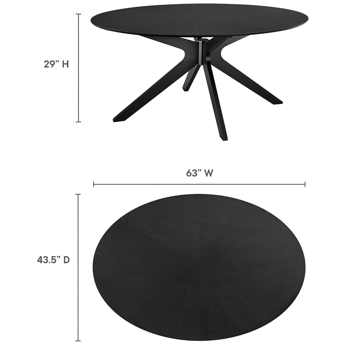Dimensions of the black oval dining table with measurements for height, width, and depth clearly labeled || EEI-3848-BLK || dimension_studio