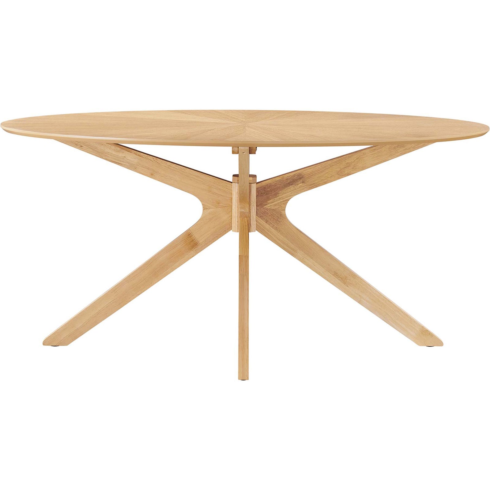Low-profile 63-inch oak dining table highlighting the slim tabletop profile and modern cross base design. || EEI-3848-OAK || side_studio
