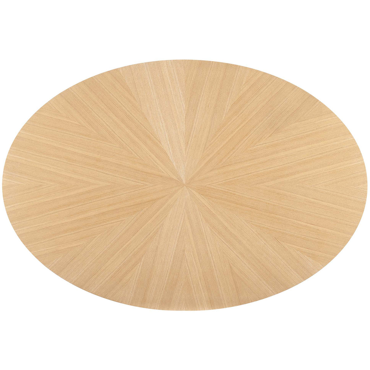 Starburst-pattern oak veneer tabletop on the 63-inch oval dining table creates a striking focal point. || EEI-3848-OAK || top_studio
