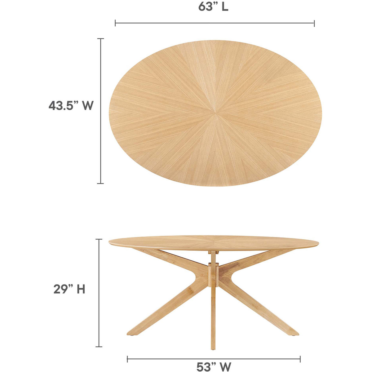 Dimension diagram for the 63-inch oval oak dining table with clearly labeled length, width, and height. || EEI-3848-OAK || dimension_studio