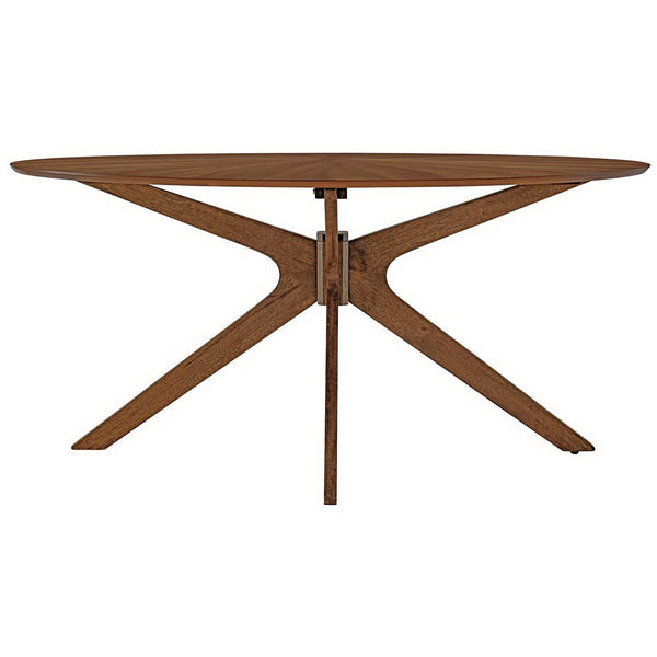 63 inch walnut oval dining table with starburst veneer top and sculptural intersecting pedestal base || EEI-3848-WAL || front_studio