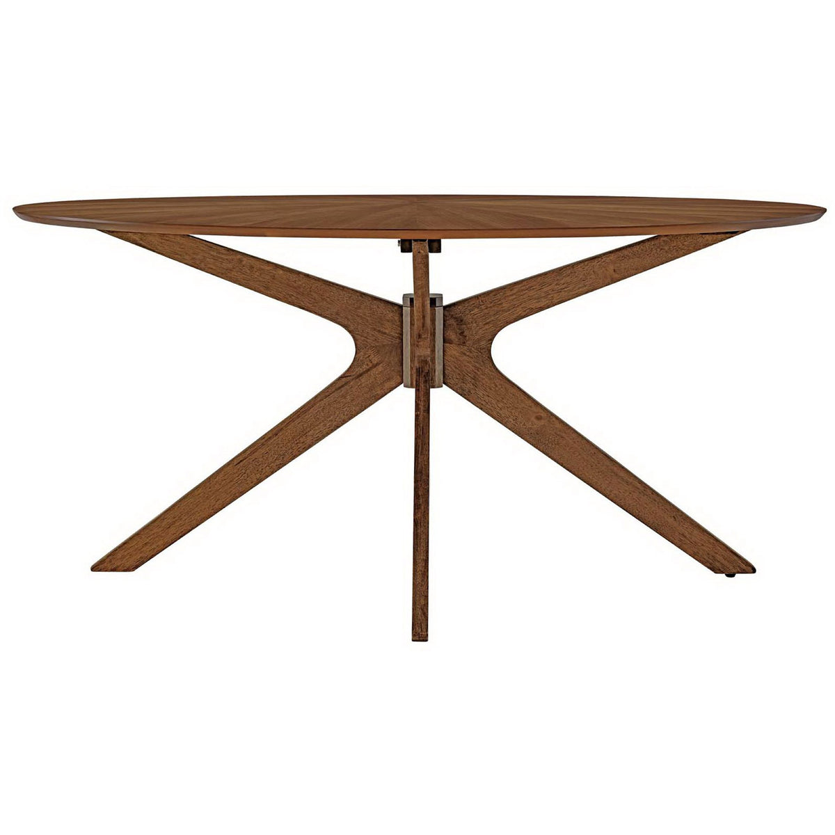 63 inch walnut oval dining table with starburst veneer top and sculptural intersecting pedestal base || EEI-3848-WAL || front_studio
