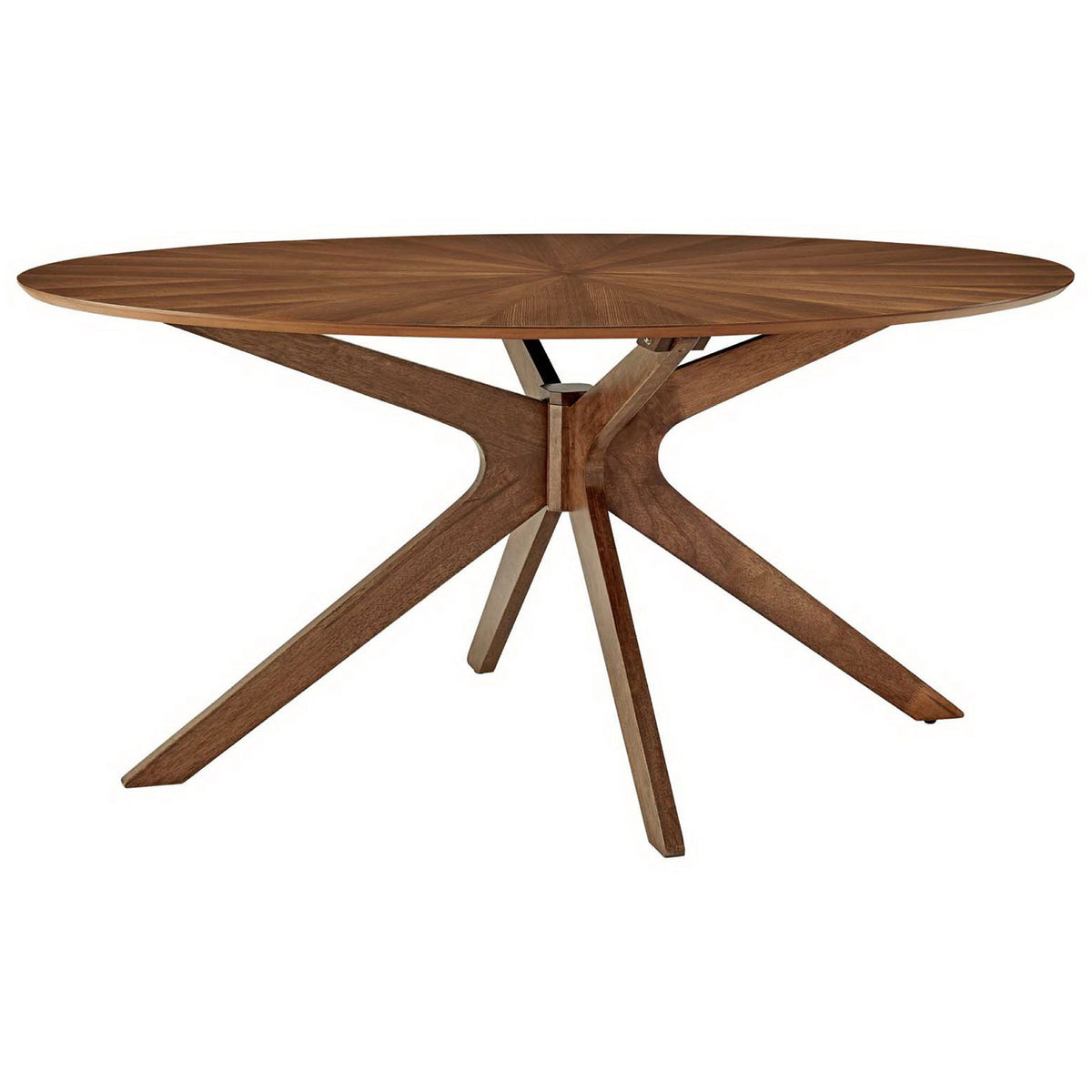 Oval walnut dining table showcases the airy cross style base and slim profile top for a light look || EEI-3848-WAL || front_angle_studio