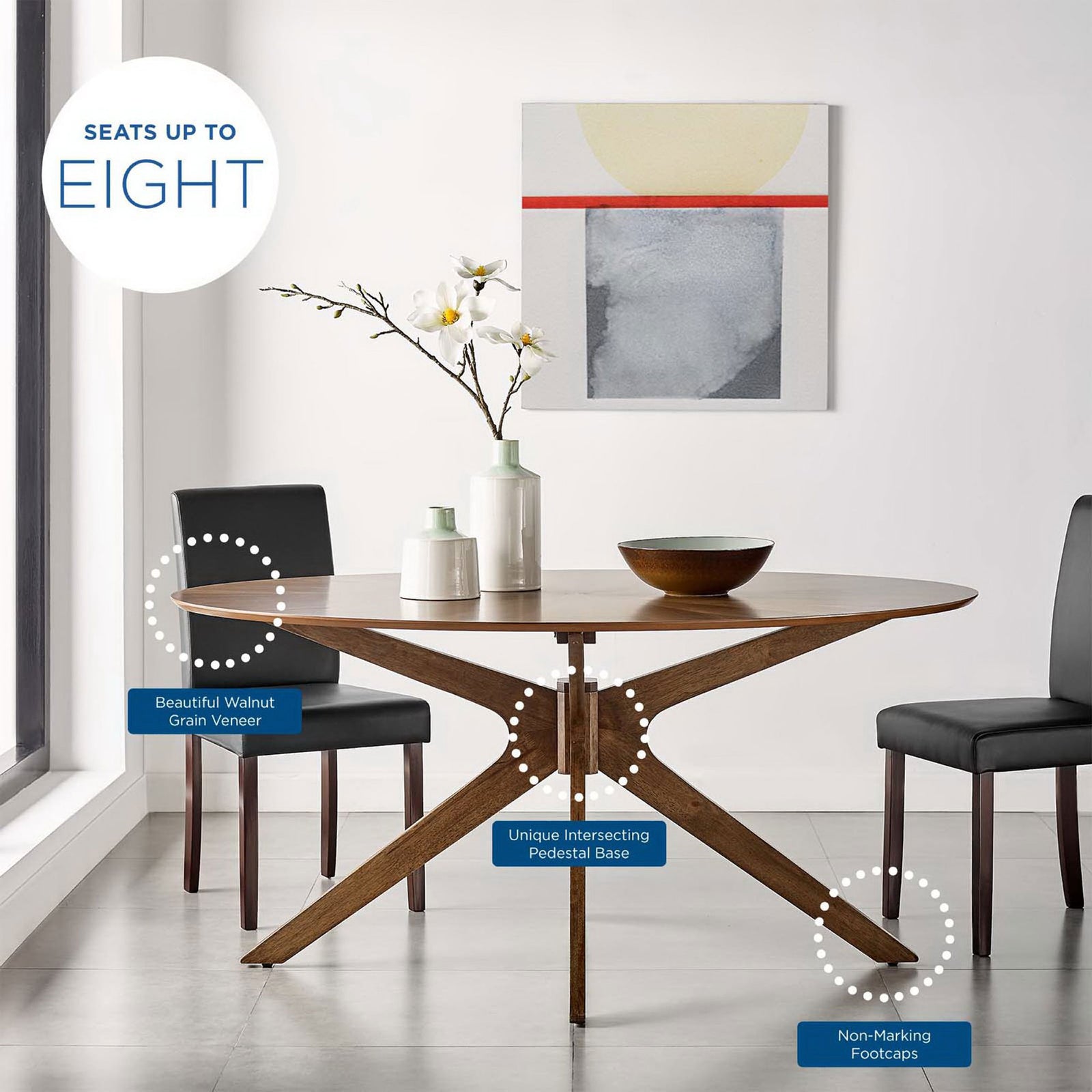 Modern dining table in walnut finish with graphic callouts to pedestal base, veneer grain, and protected feet || EEI-3848-WAL || callout_room