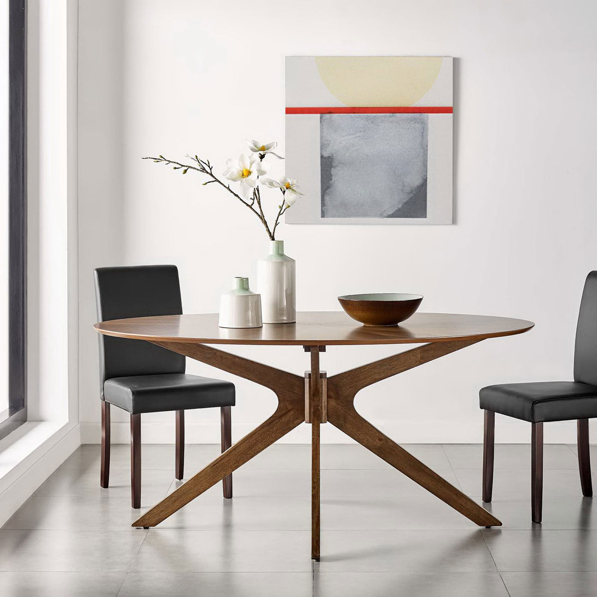 Walnut oval dining table anchors a bright minimalist dining space with upholstered chairs and wall art || EEI-3848-WAL || front_room