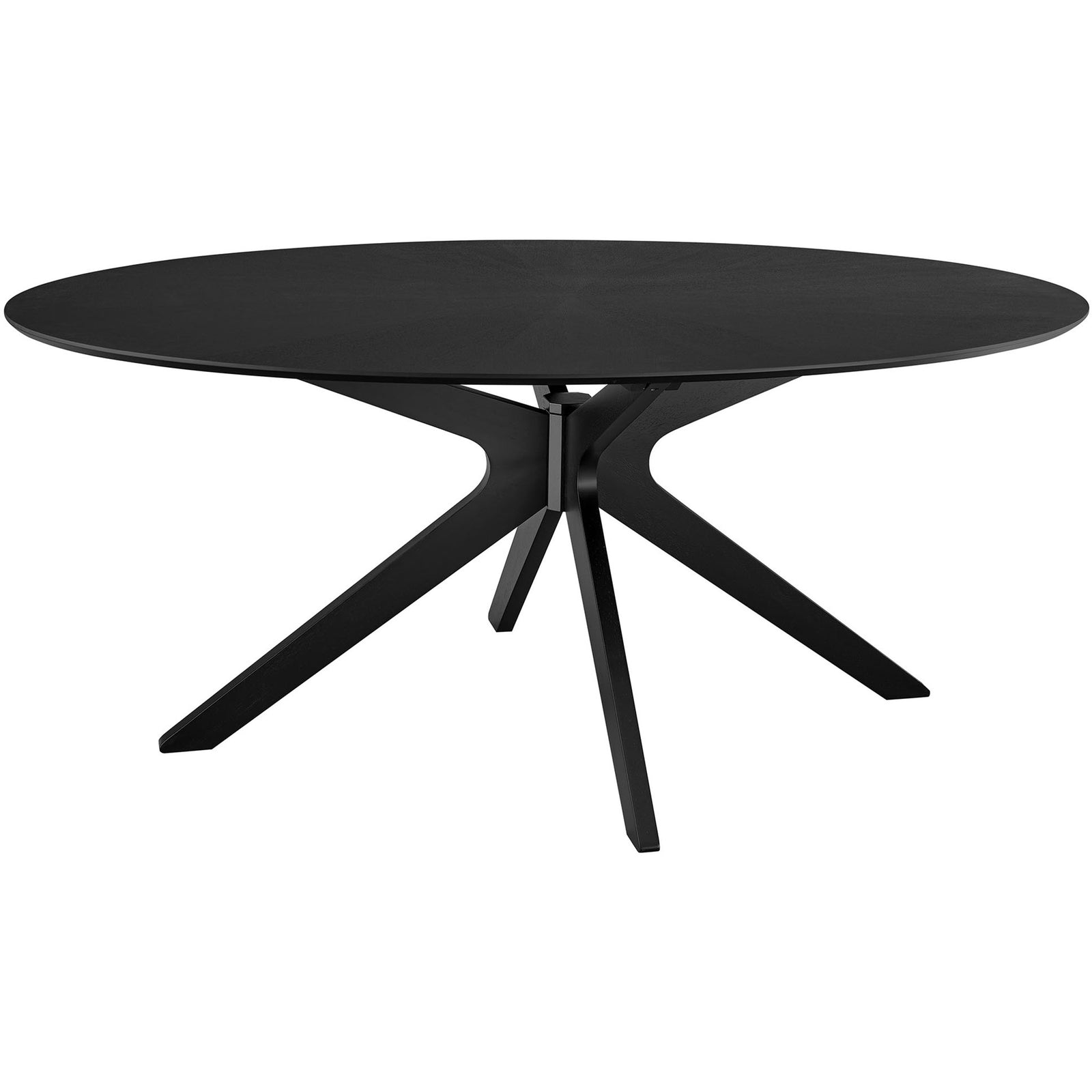 Black oval dining table featuring a sculptural intersecting leg base and slim profile top || EEI-3849-BLK || front_angle_studio