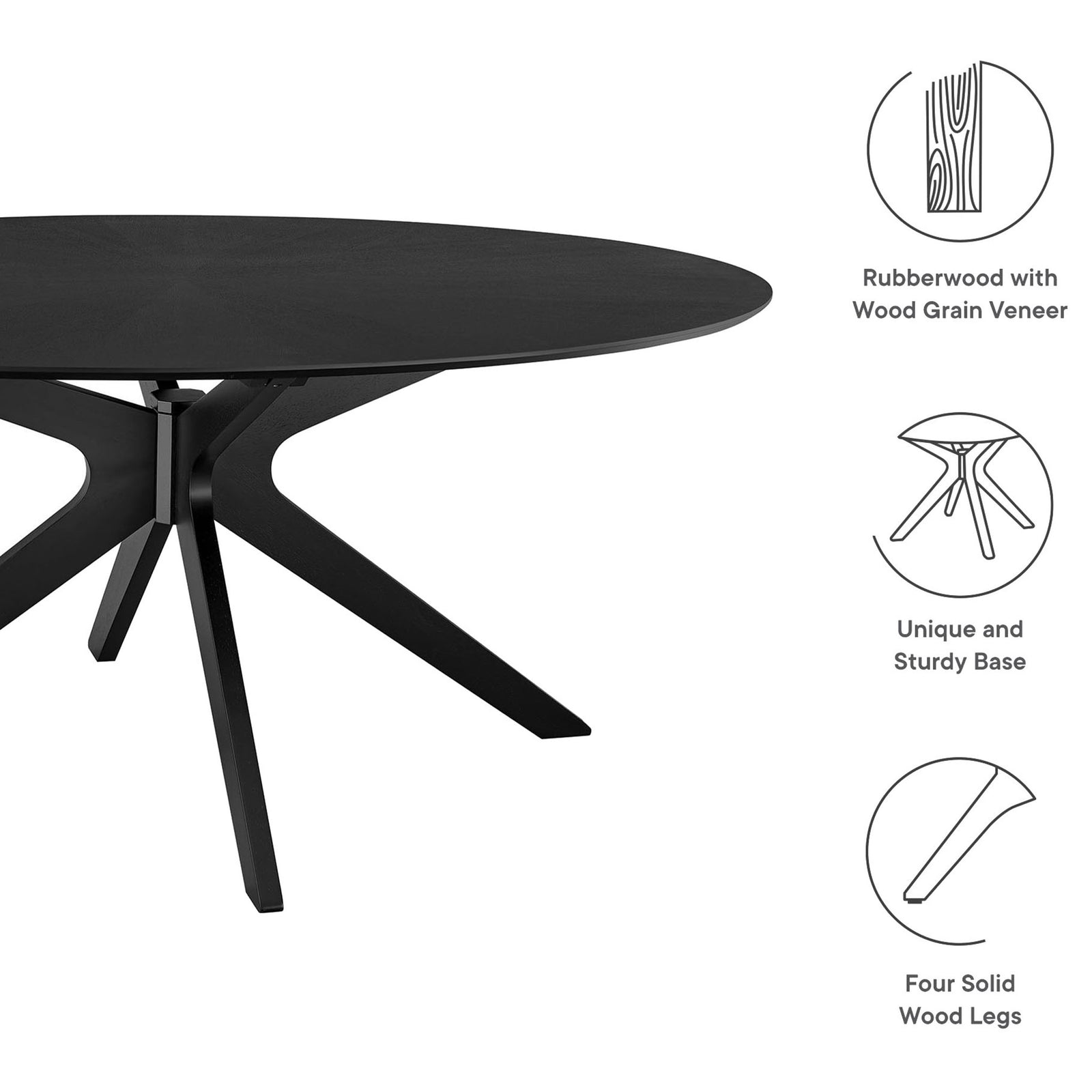Black oval dining table with callouts for rubberwood veneer top, unique base, and sturdy wood legs || EEI-3849-BLK || callout_studio