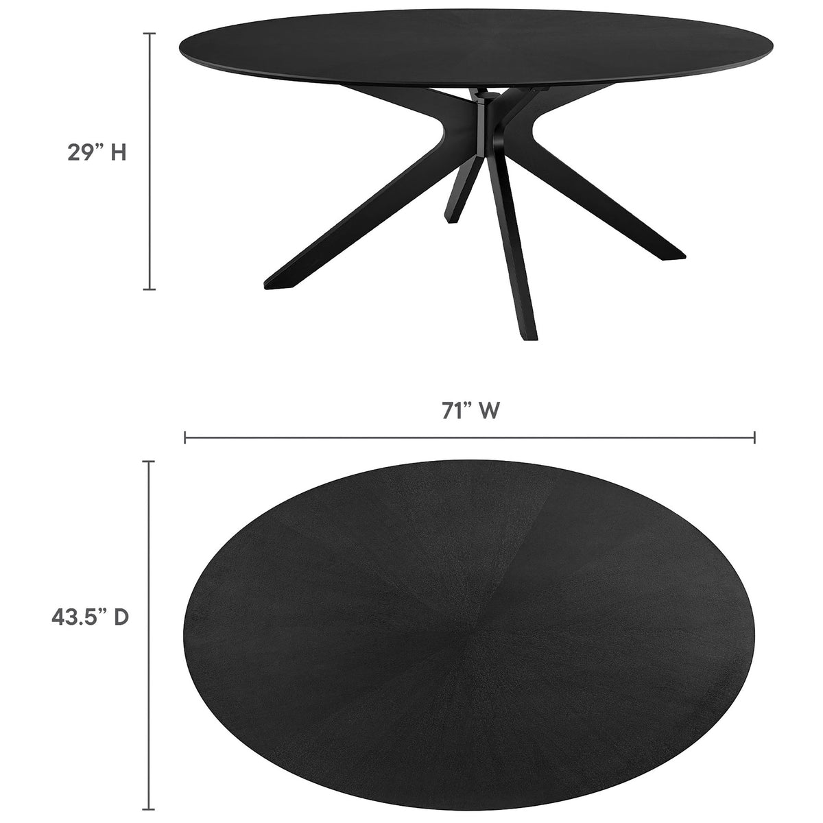 Dimensions of the large black oval dining table with clearly marked height, width, and depth || EEI-3849-BLK || dimension_studio