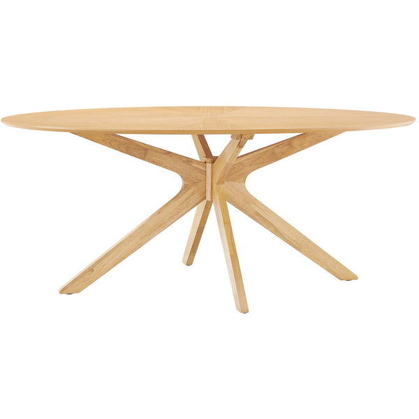 Sleek 71-inch oak oval dining table showing the airy intersecting base and tapered wooden legs. || EEI-3849-OAK || front_angle_studio