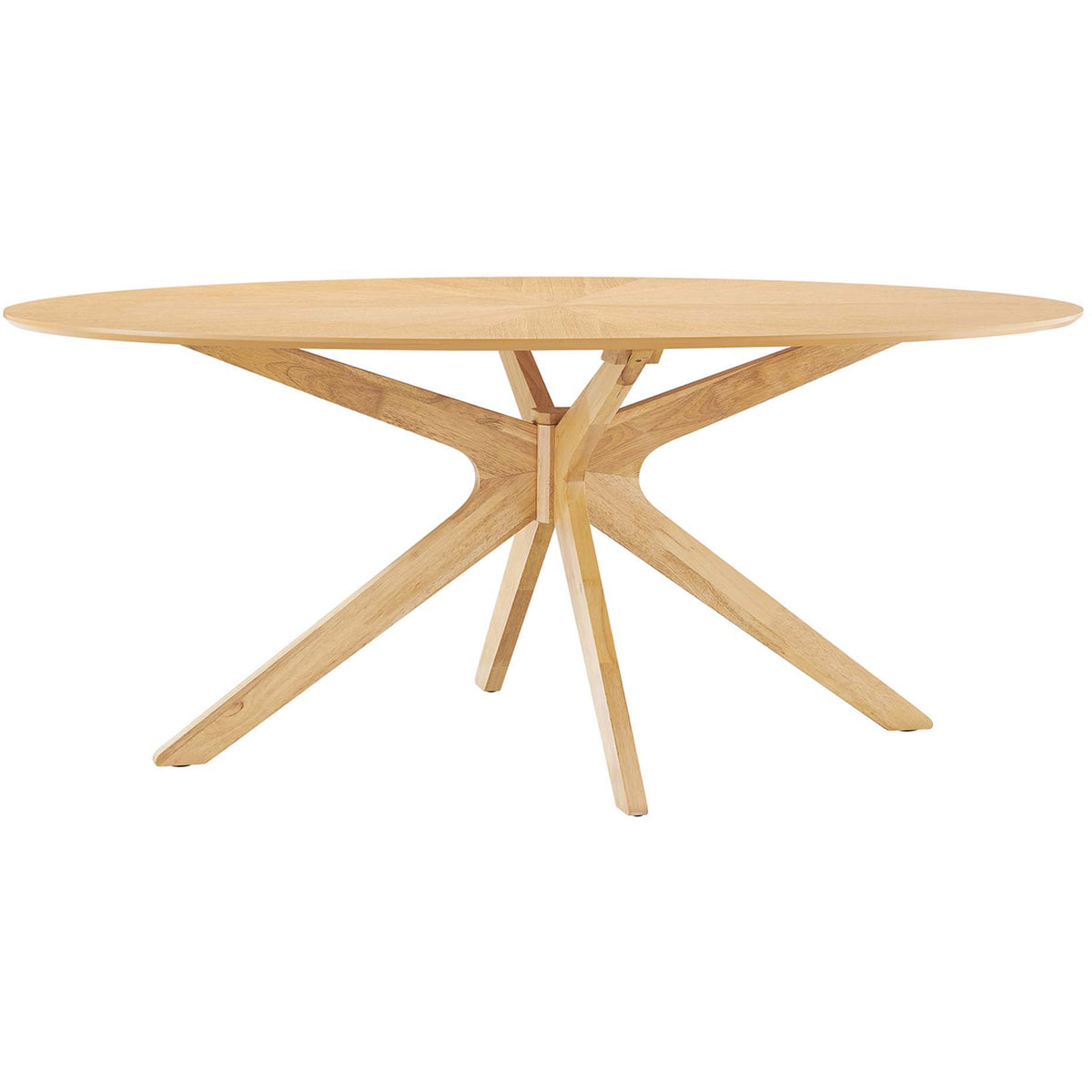 Sleek 71-inch oak oval dining table showing the airy intersecting base and tapered wooden legs. || EEI-3849-OAK || front_angle_studio