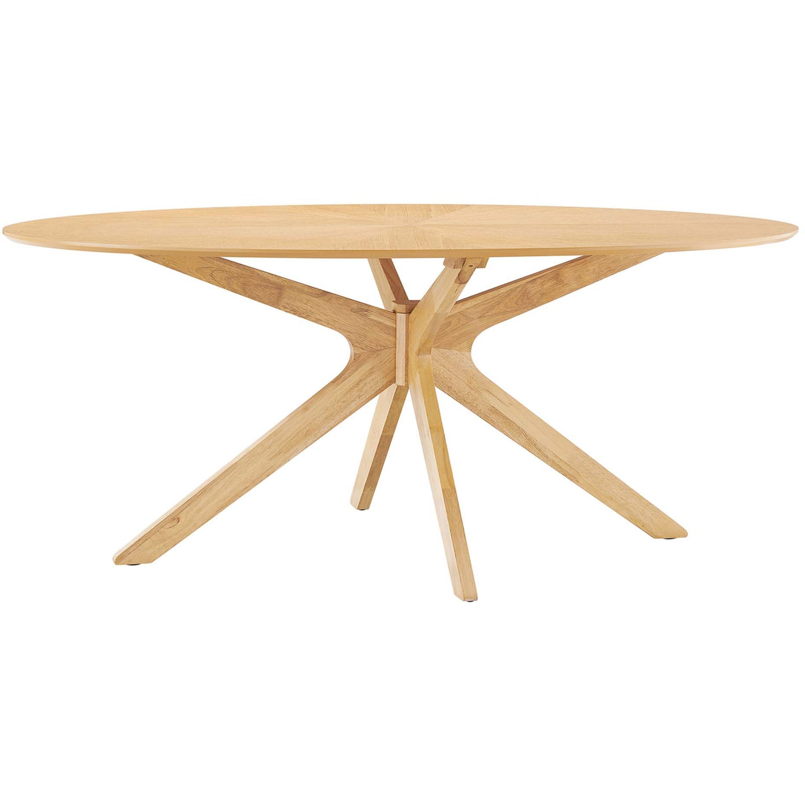 Sleek 71-inch oak oval dining table showing the airy intersecting base and tapered wooden legs. || EEI-3849-OAK || front_angle_studio
