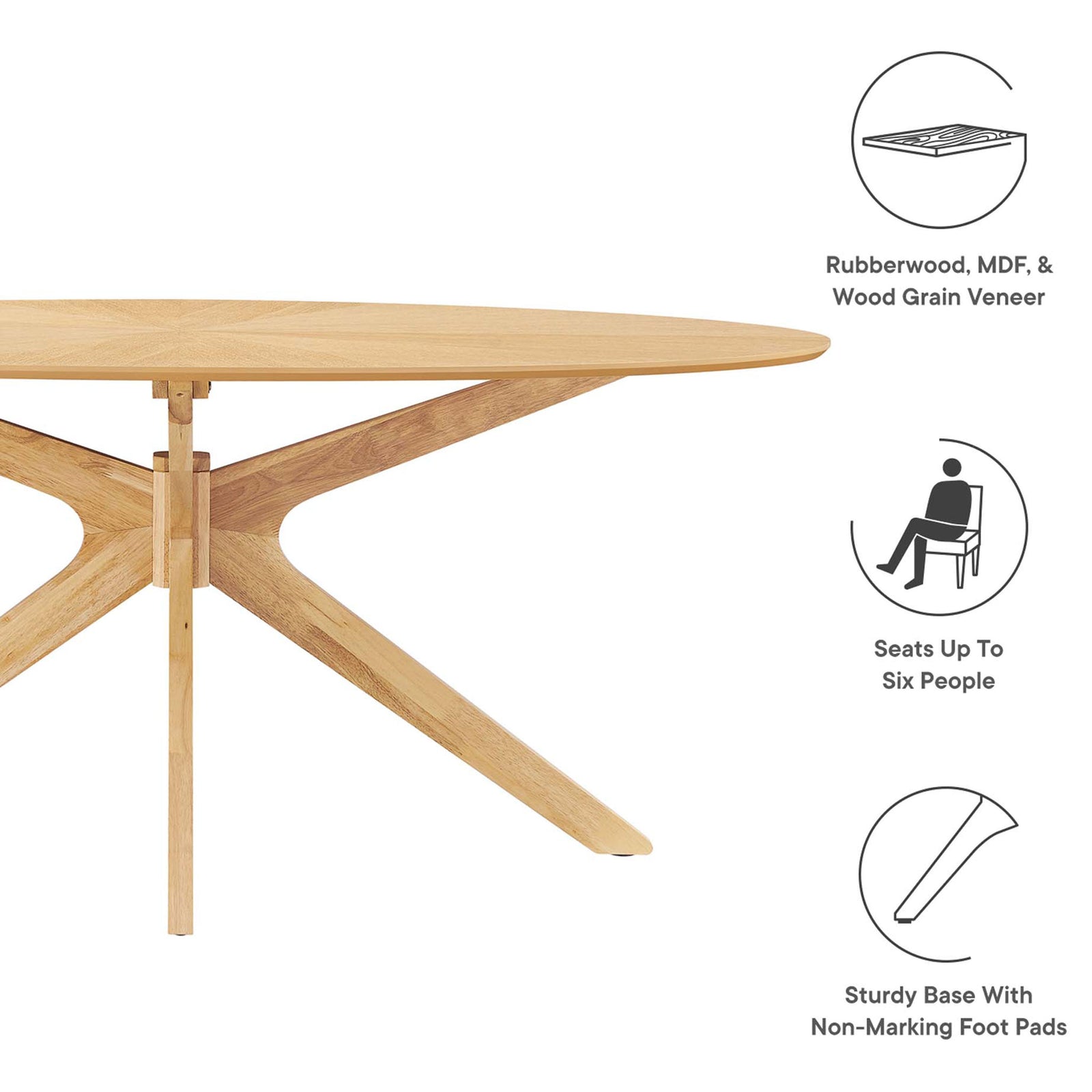 Materials, seating for six, and protective foot pads underscore the strength of this 71-inch oak dining table. || EEI-3849-OAK || callout_studio
