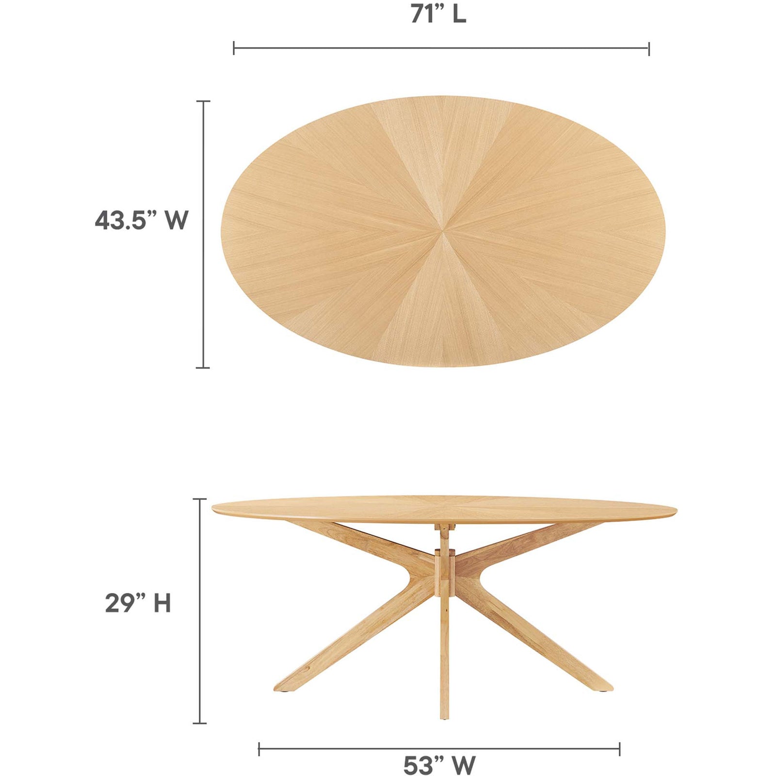 Dimension diagram for the 71-inch oval oak dining table with clearly labeled length, width, and height. || EEI-3849-OAK || dimension_studio