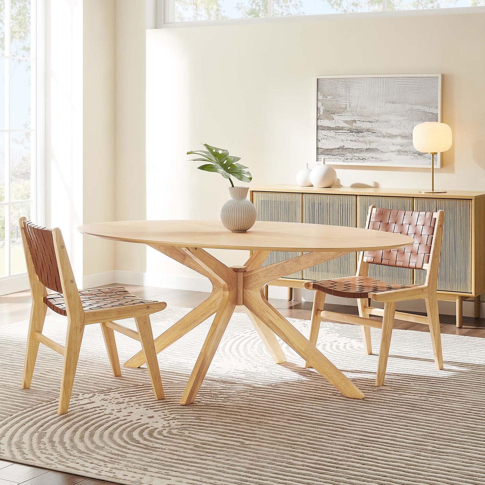 71-inch oak dining table paired with three woven chairs, creating an inviting spot for everyday meals. || EEI-3849-OAK || front_angle_room