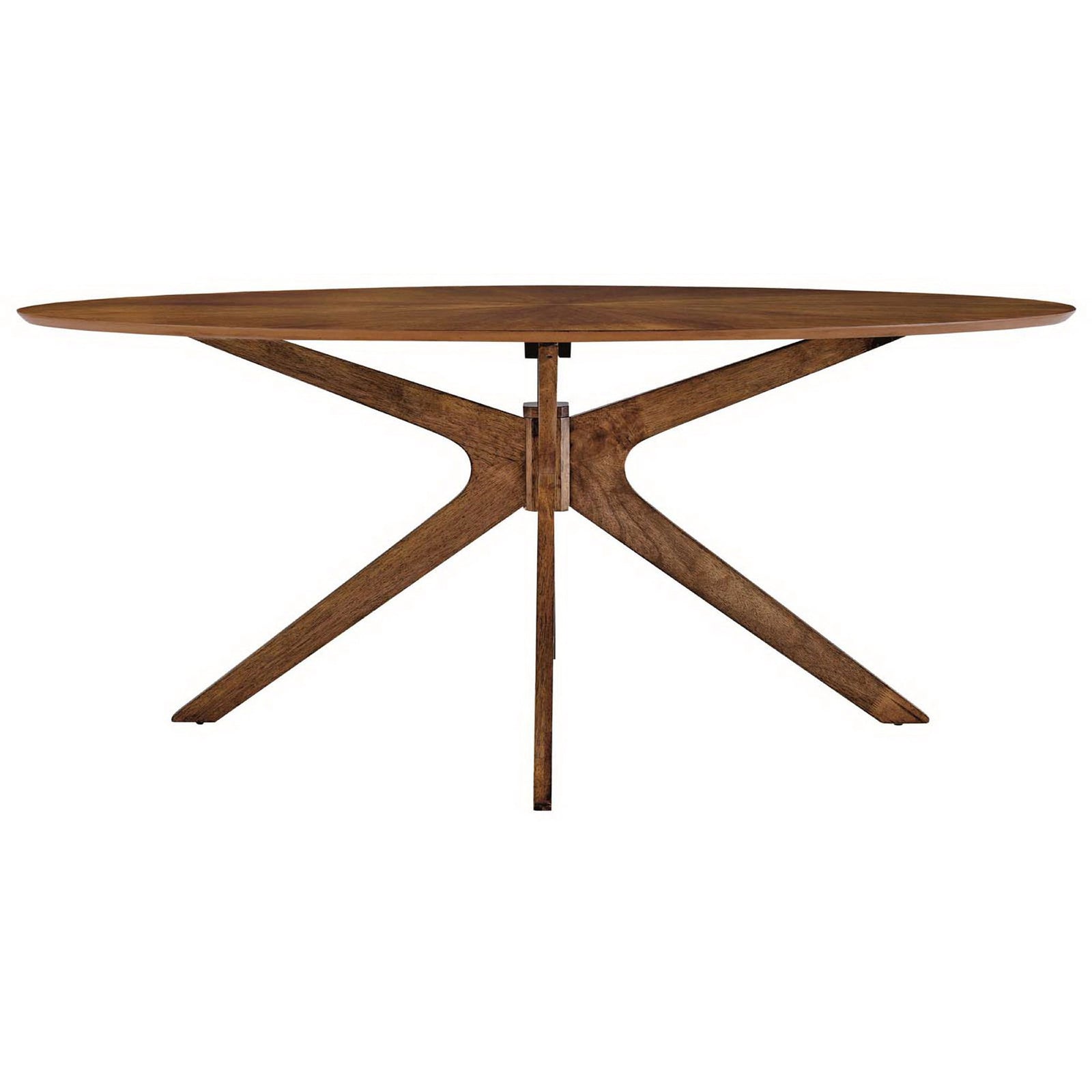 Walnut finish oval dining table features slim profile top and sculptural wood base with splayed legs || EEI-3849-WAL || front_studio