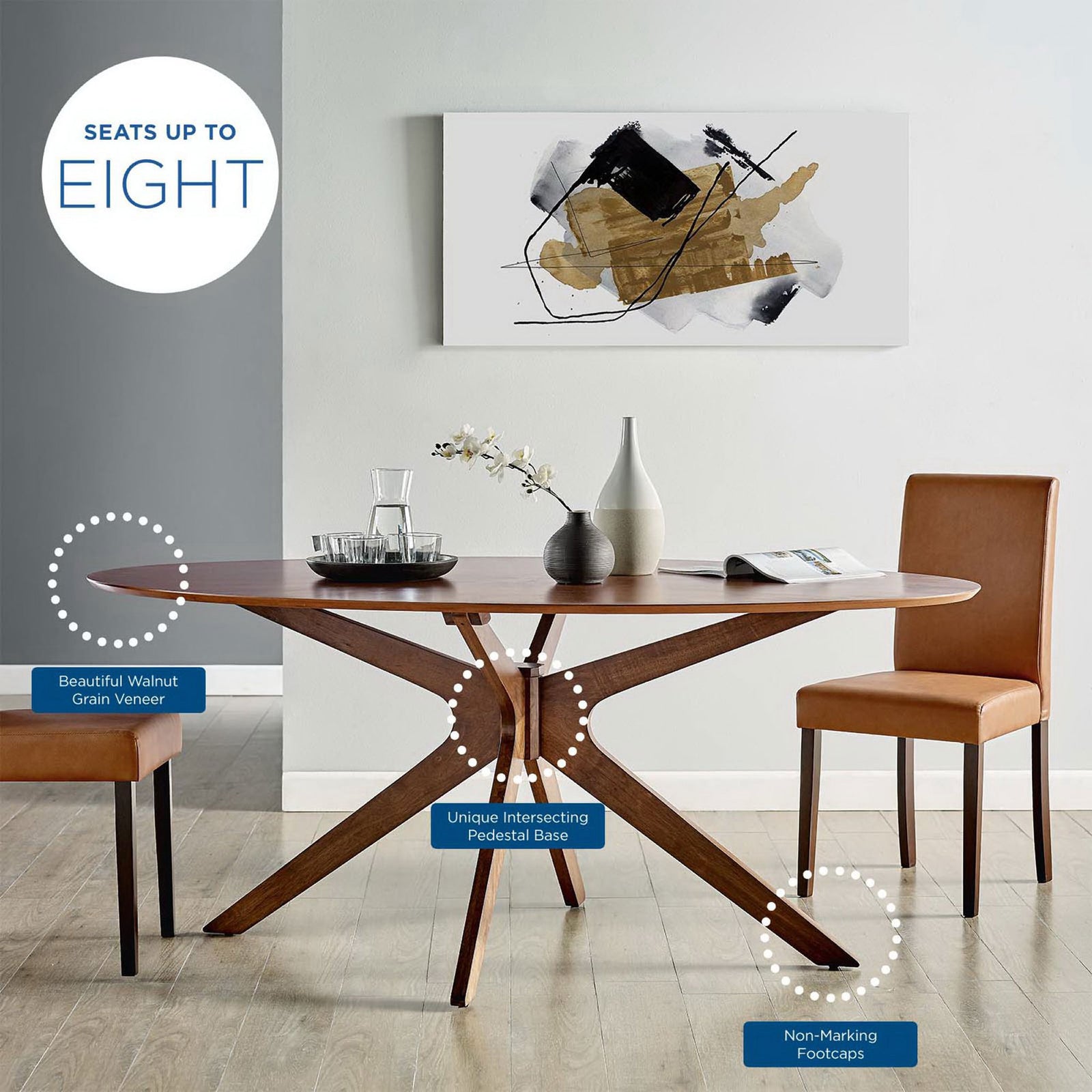 Dining table scene with callouts emphasizing walnut grain veneer, intersecting base, and non marking foot caps || EEI-3849-WAL || callout_room