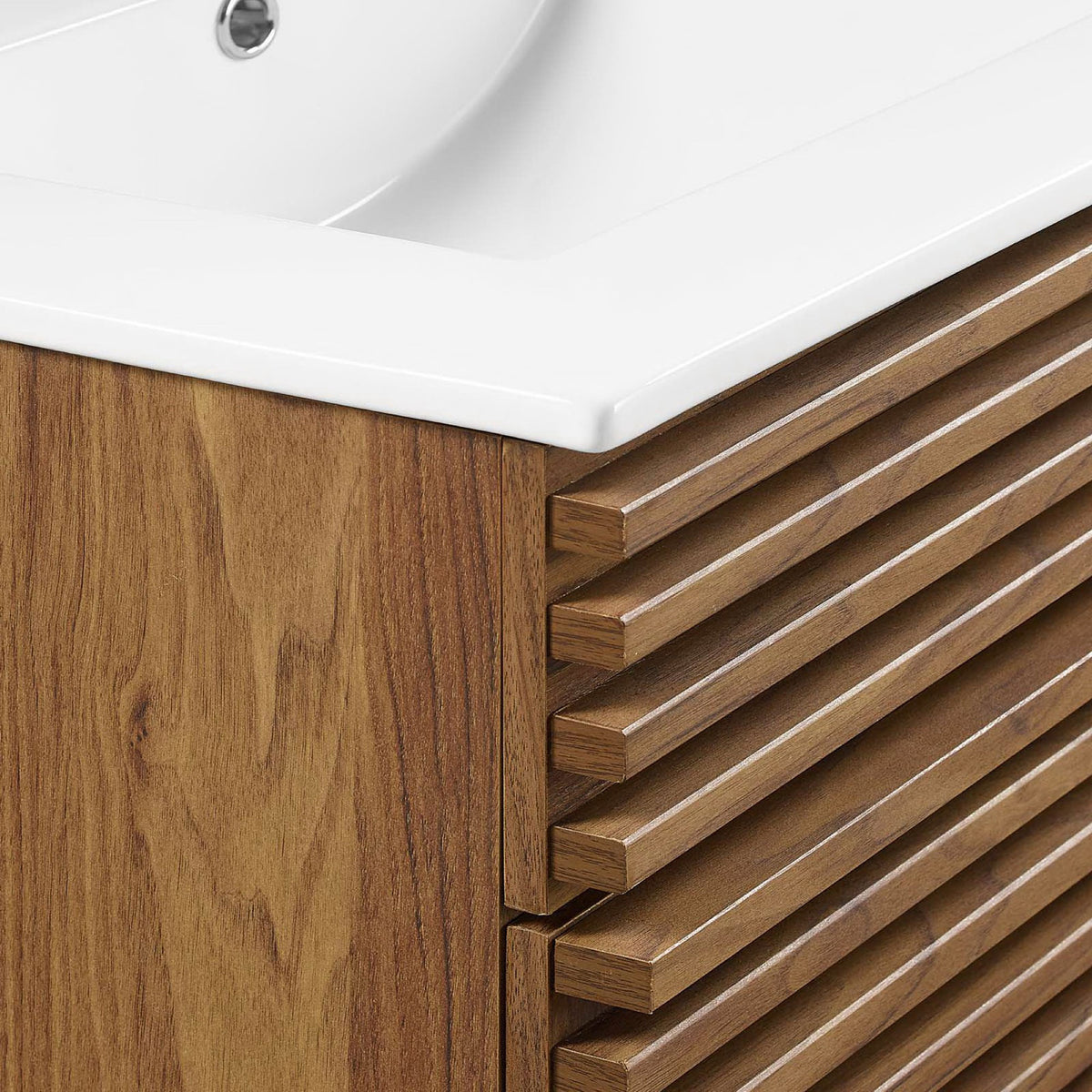 Crisp white counter meets warm walnut grain with precise lines and smooth edges. || EEI-3860-WAL-WHI || detail_studio