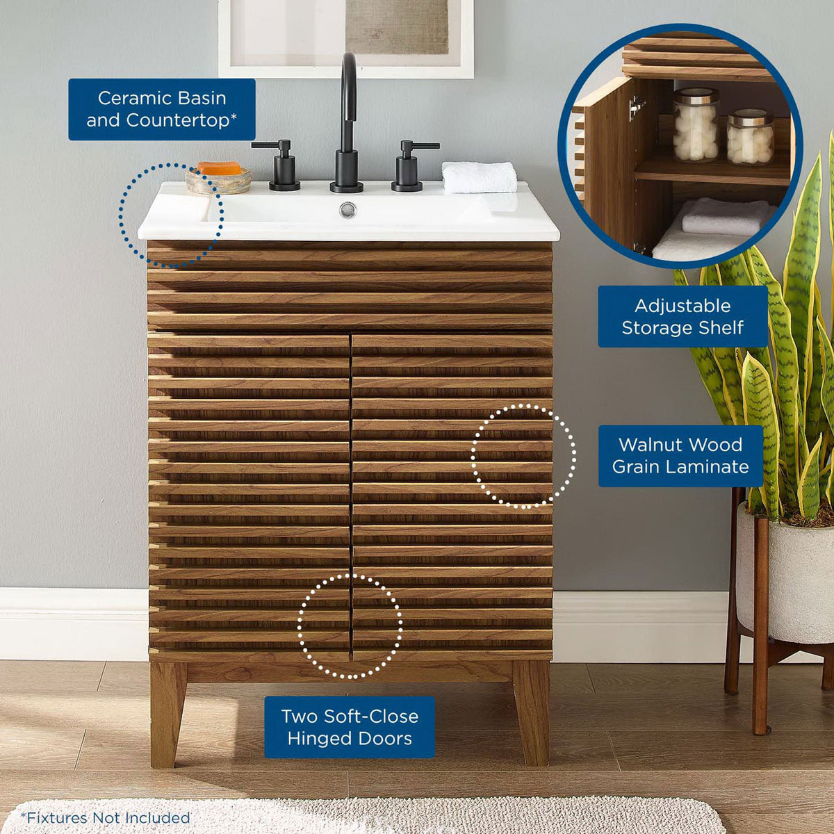 Key features include a ceramic basin, adjustable shelf, and soft-close doors in walnut wood grain. || EEI-3860-WAL-WHI || callout_room