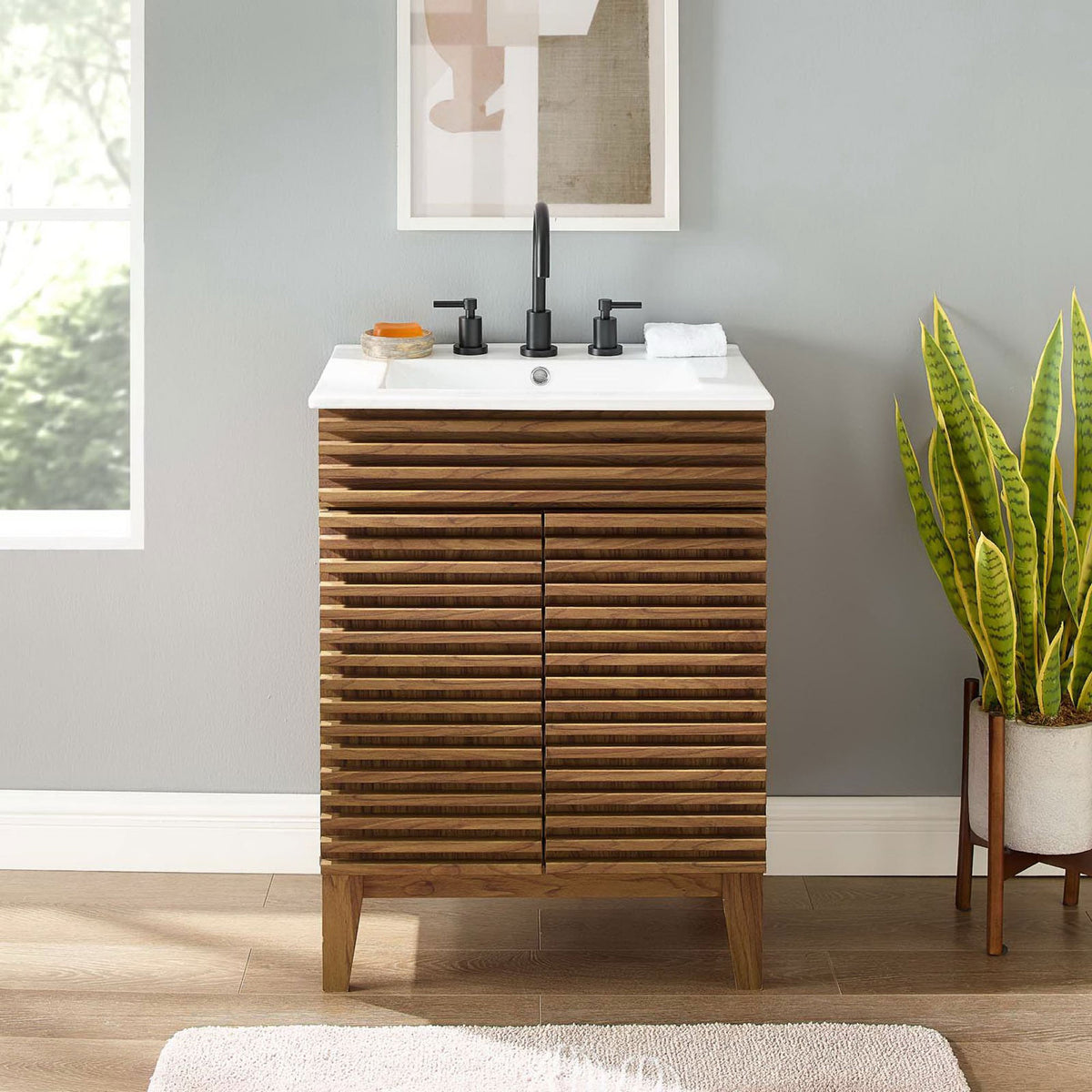Styled vanity brings warm walnut texture and a fresh white top to a bright bathroom setting. || EEI-3860-WAL-WHI || front_room