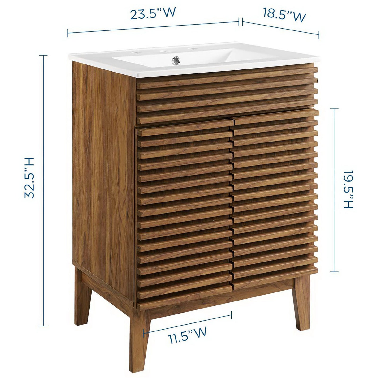 Compact mid-century vanity with slatted facade and integrated ceramic sink with 8-inch widespread. || EEI-3860-WAL-WHI || dimension_studio