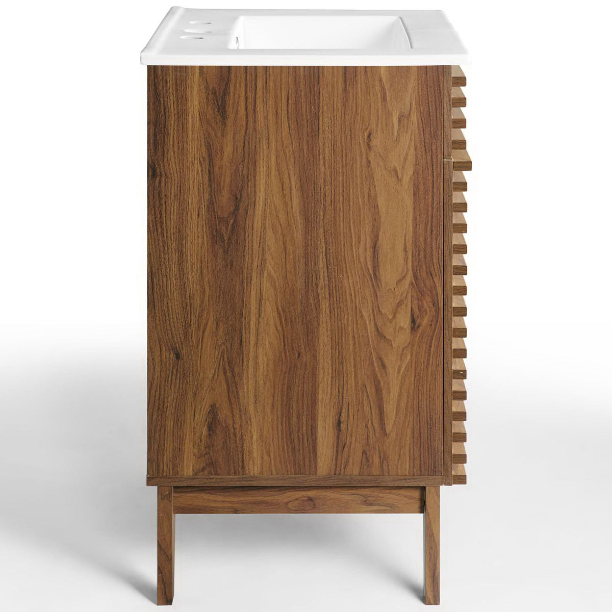Sleek walnut finish wraps clean lines, highlighting the smooth side panels and sturdy tapered base. || EEI-3860-WAL-WHI || side_studio