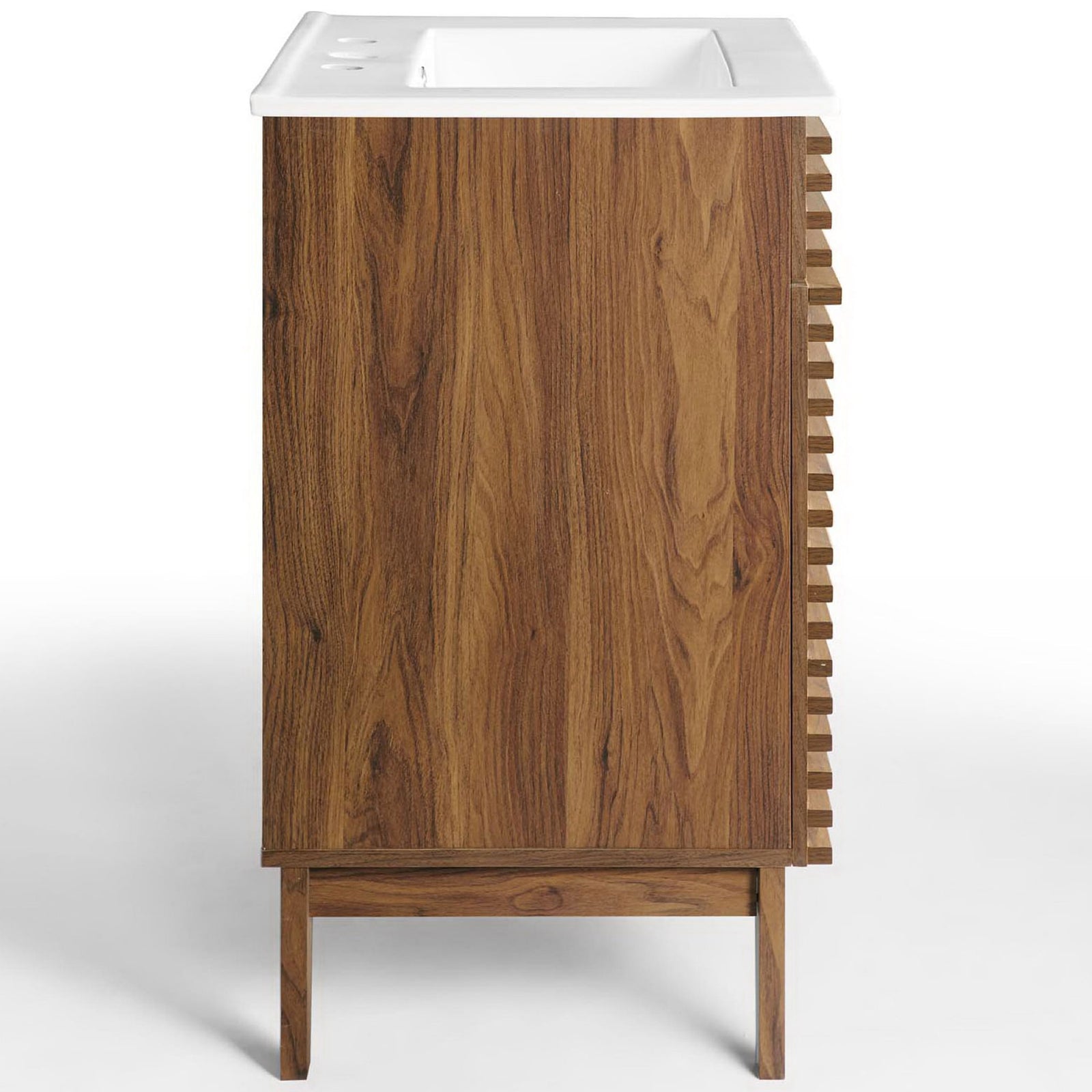 Sleek walnut finish wraps clean lines, highlighting the smooth side panels and sturdy tapered base. || EEI-3860-WAL-WHI || side_studio
