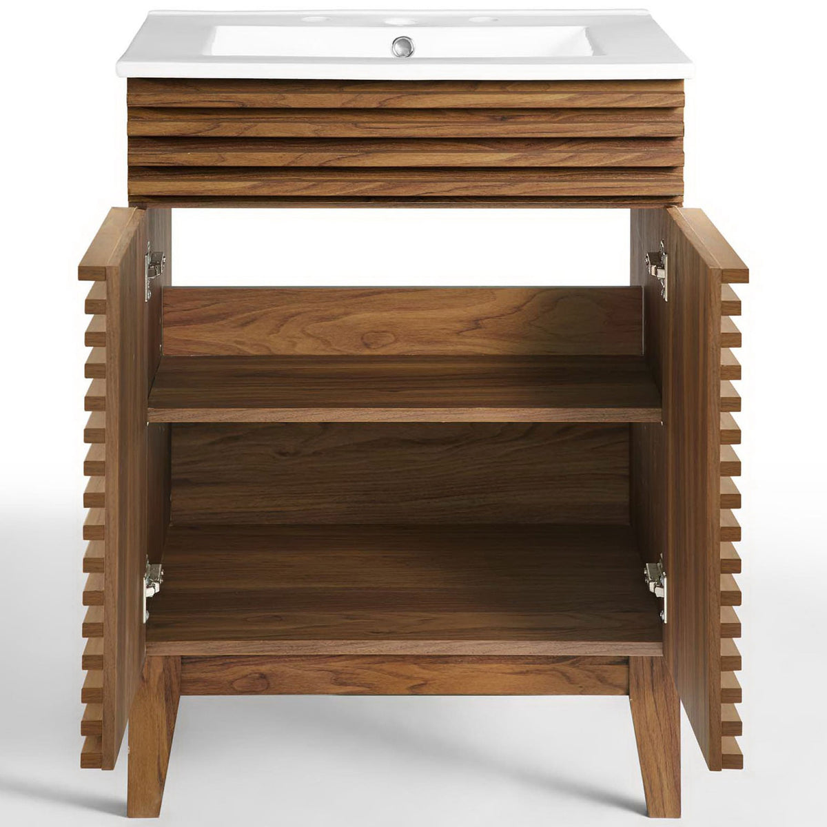 Dual soft-close doors open to reveal an adjustable shelf for neatly organized bath essentials. || EEI-3860-WAL-WHI || front_open_studio