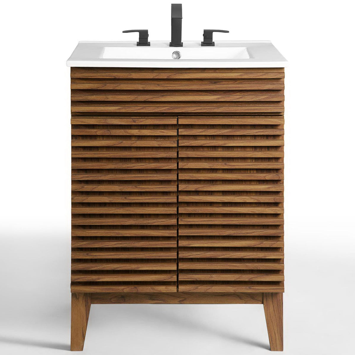 Modern vanity pairs its ribbed walnut front with a bright white top and 8-inch widespread compatibility. || EEI-3860-WAL-WHI || front_studio