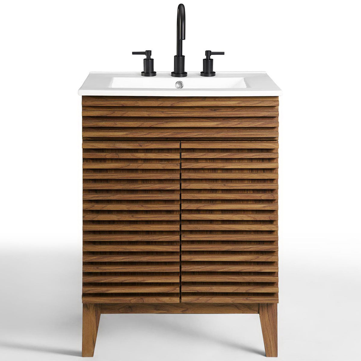 Textured slat doors and tapered legs balance the glossy basin for elevated mid-century charm. || EEI-3860-WAL-WHI || front_studio