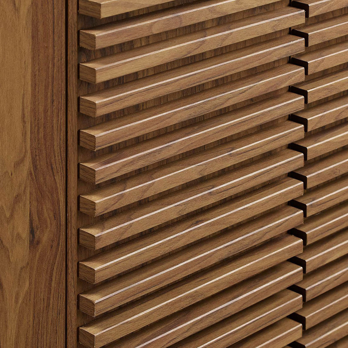 Dimensional slatted door design in rich walnut grain laminate. || EEI-3860-WAL-WHI || detail_studio