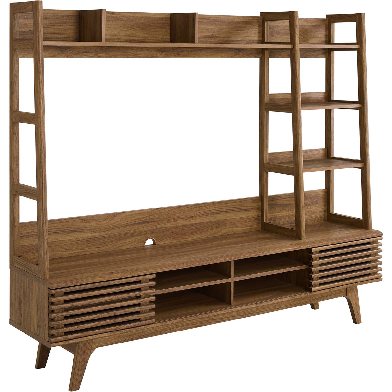 Sleek walnut media console with integrated hutch, angled legs, and slatted doors for a mid-century look || EEI-3863-WAL || front_angle_studio