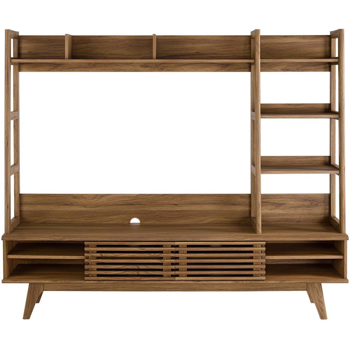 Render walnut entertainment center with slatted sliding doors, open cubbies, and tall side shelving || EEI-3863-WAL || front_studio