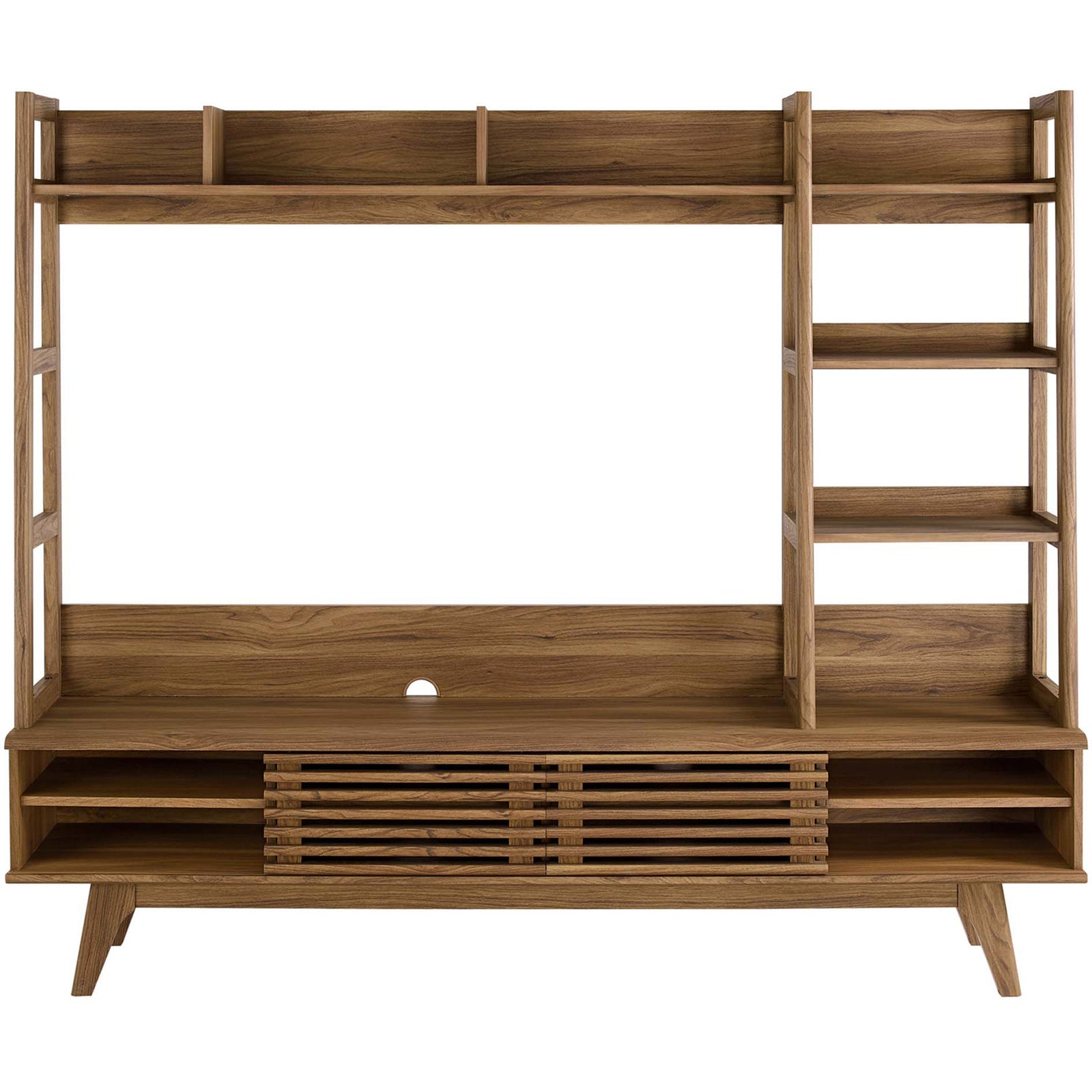 Render walnut entertainment center with slatted sliding doors, open cubbies, and tall side shelving || EEI-3863-WAL || front_studio