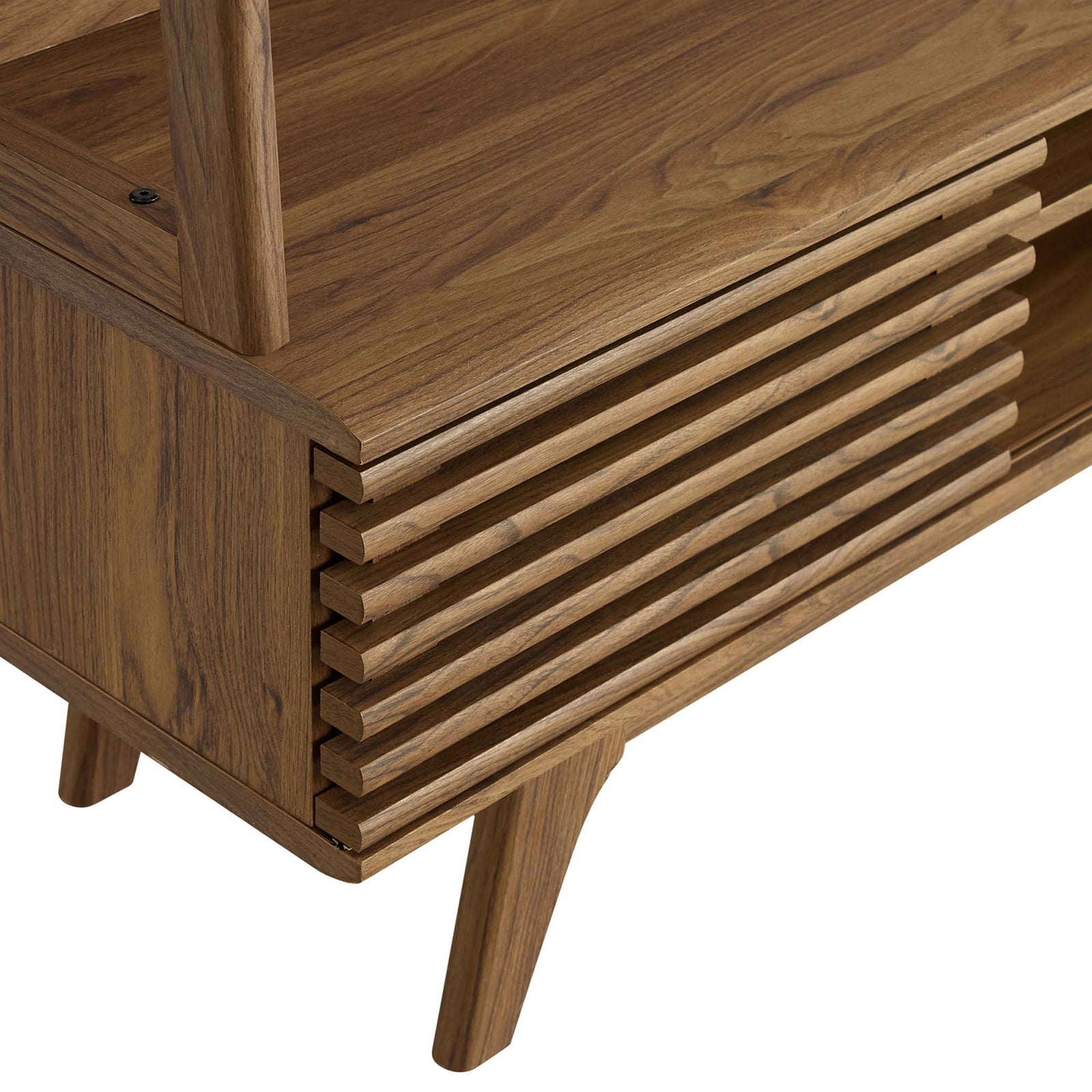 Slatted walnut door front with rounded edges and tapered leg detailing on the Render media console || EEI-3863-WAL || detail_studio