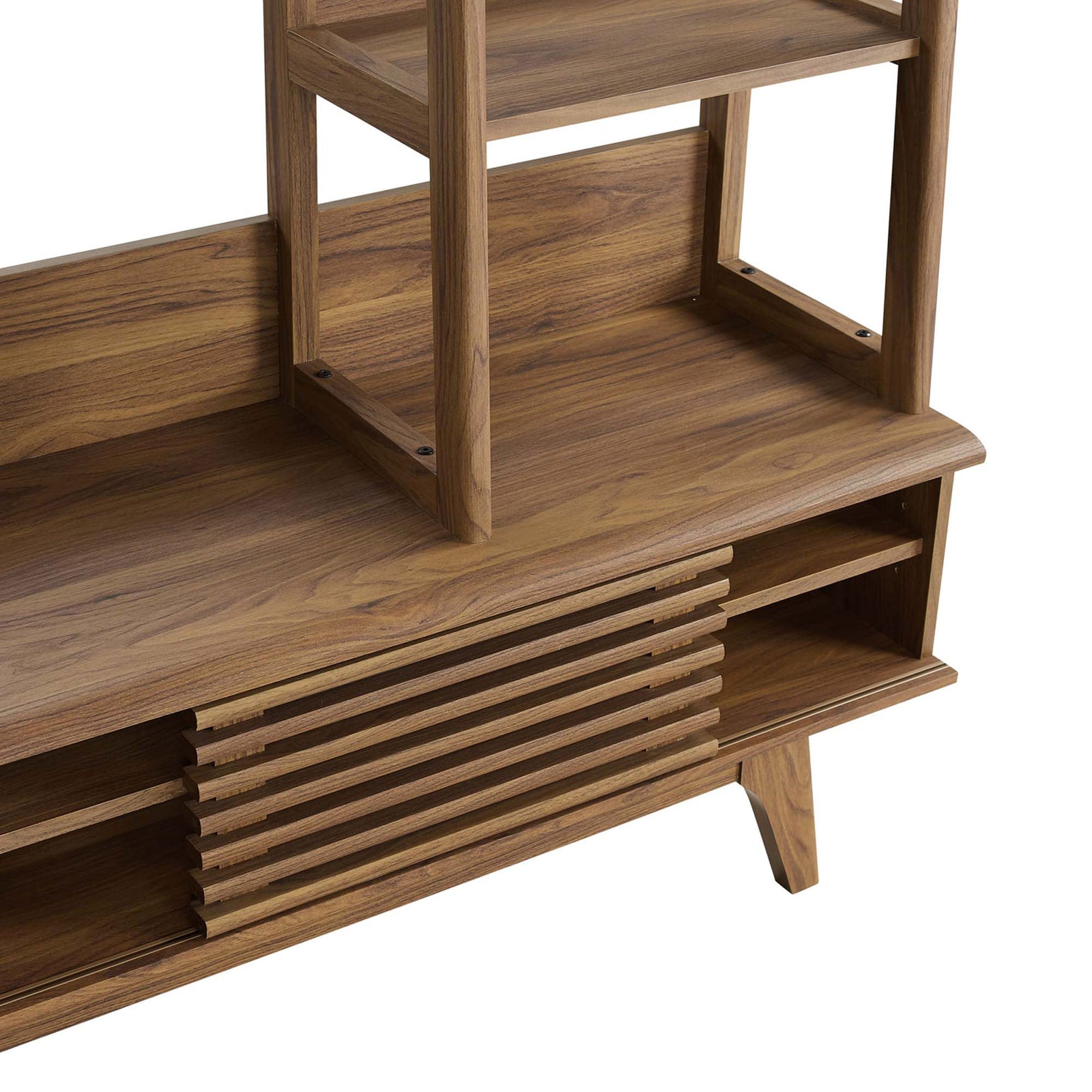 Walnut TV stand base highlighting open storage cubbies, slatted sliding door track, and smooth wood grain || EEI-3863-WAL || detail_studio