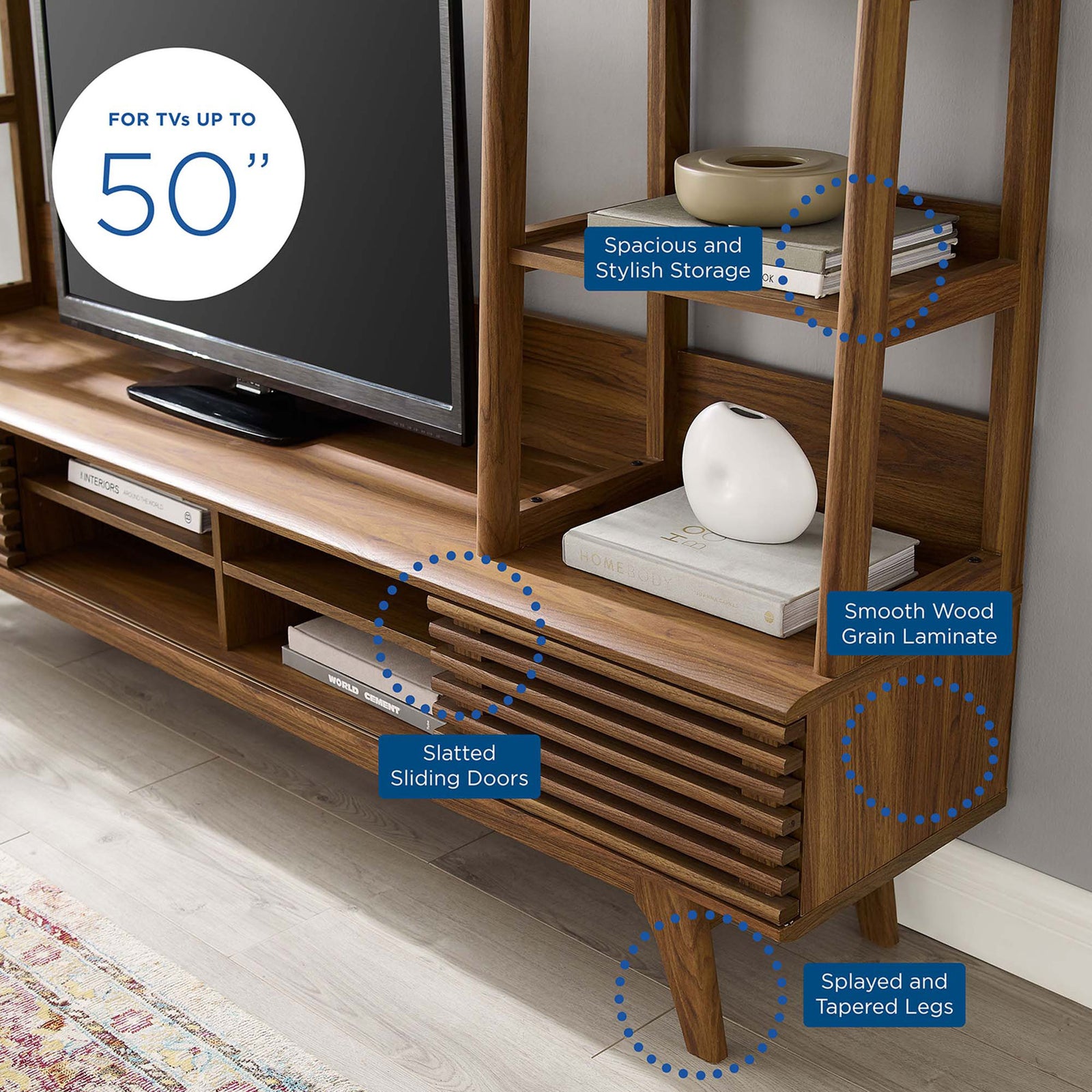 Feature graphic of walnut TV stand highlighting TV size capacity, sliding doors, wood grain, and tapered legs || EEI-3863-WAL || callout_room