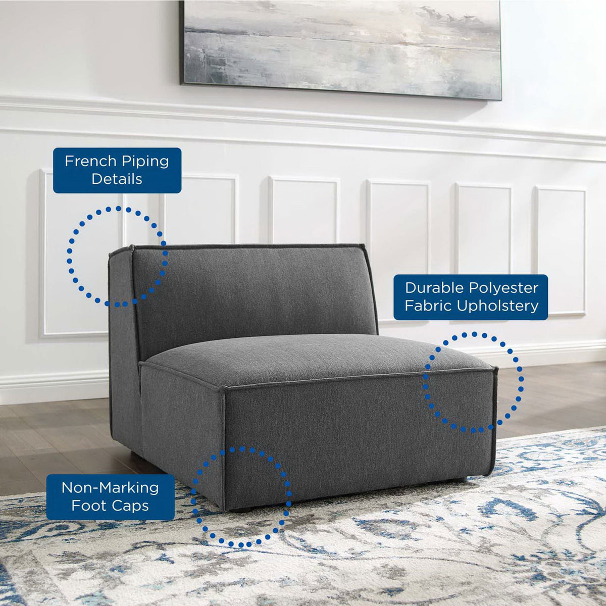 Armless chair with French piping, durable polyester upholstery, and non-marking foot caps || EEI-3872-CHA || callout_room