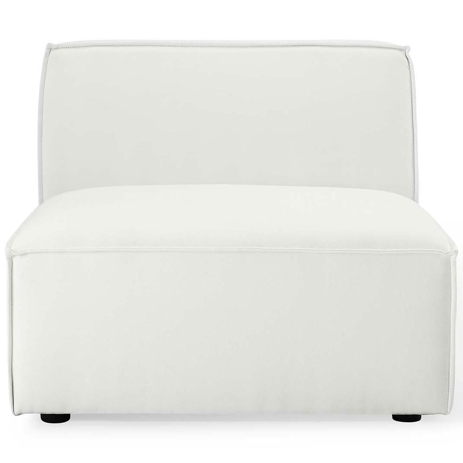 Generous, boxy seat in smooth white fabric with refined piping and a compact armless profile || EEI-3872-WHI || front_studio