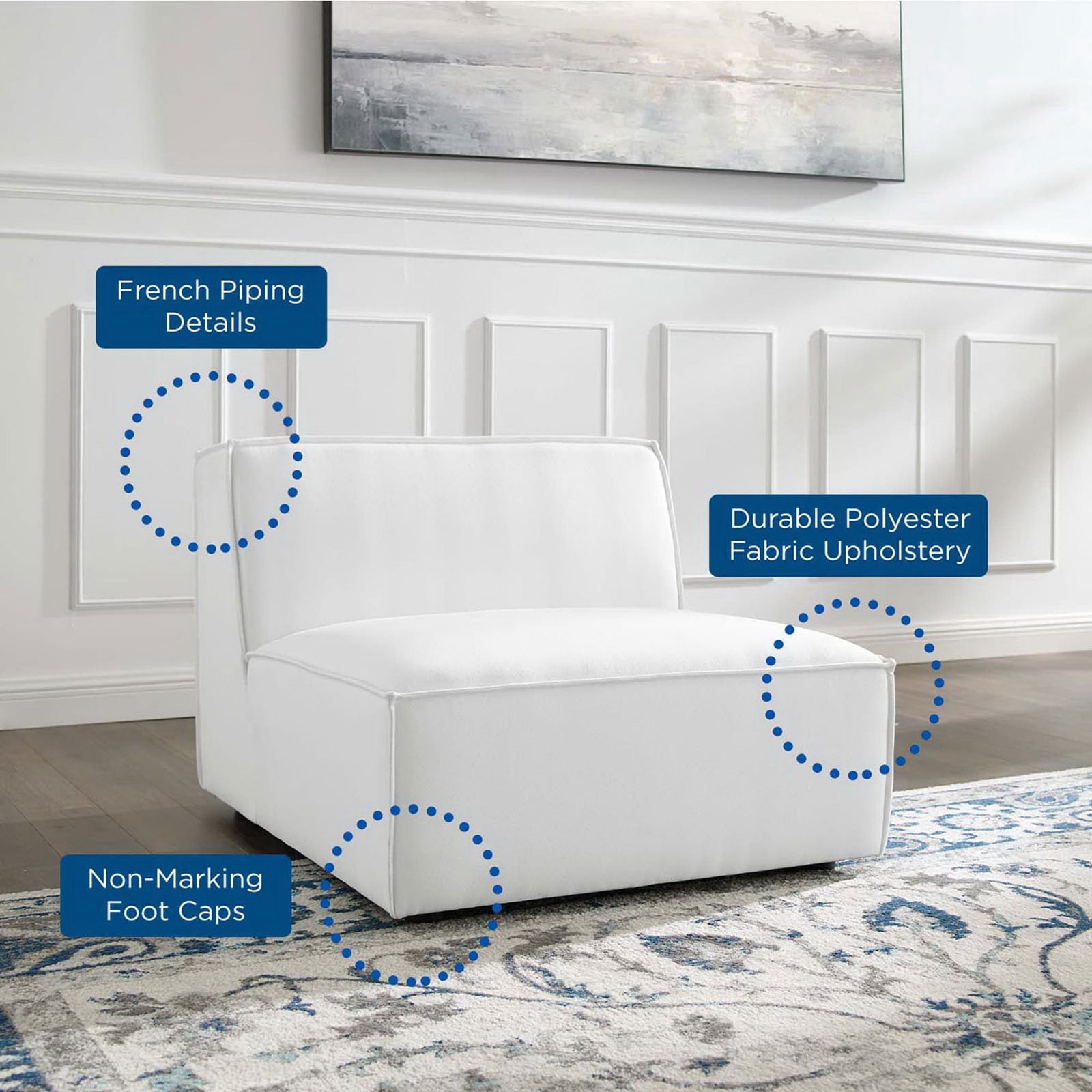 White armless chair highlights durable fabric, refined French piping, and non-marking foot caps || EEI-3872-WHI || callout_room