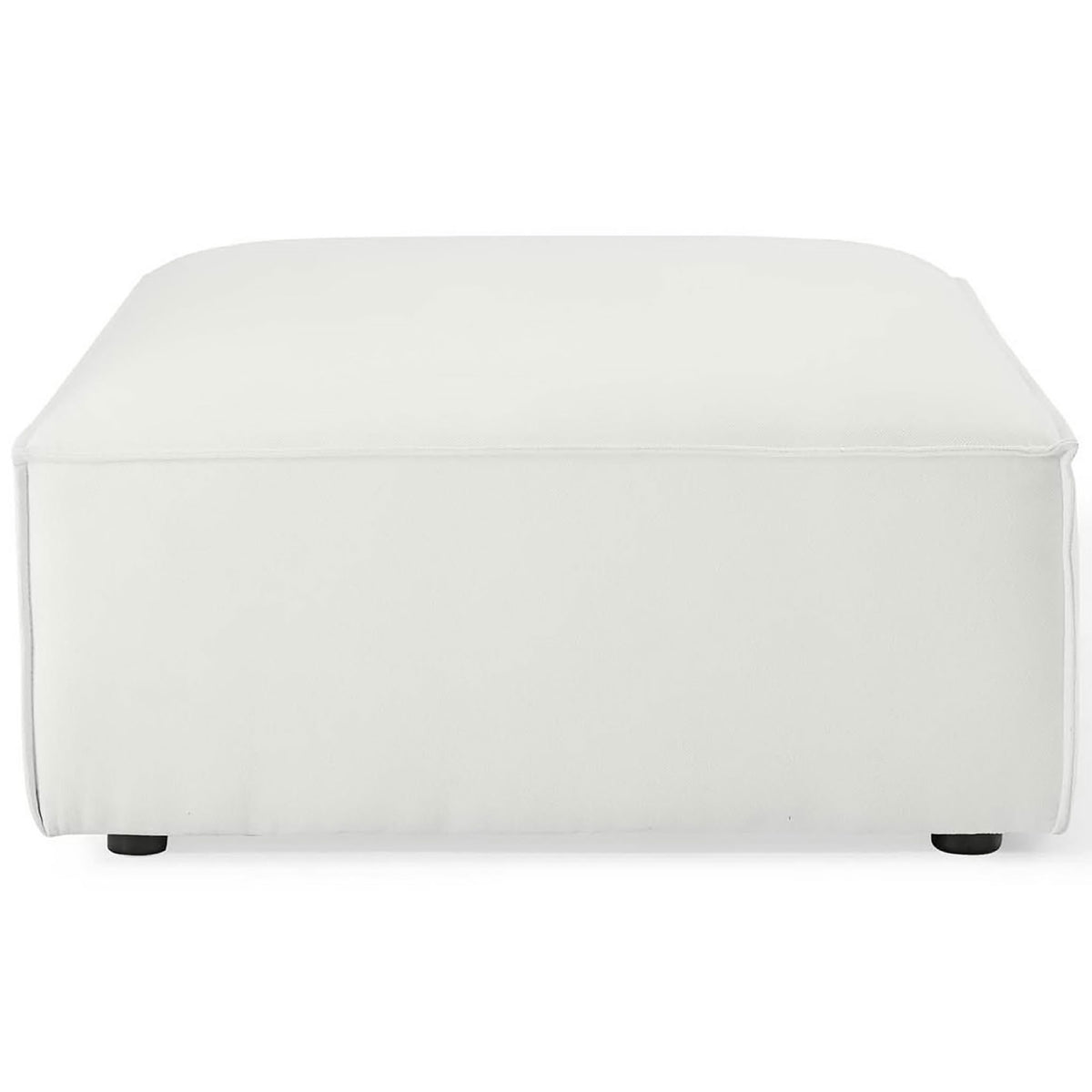 Square white upholstered ottoman with smooth tailored sides and a clean modern silhouette || EEI-3873-WHI || front_studio