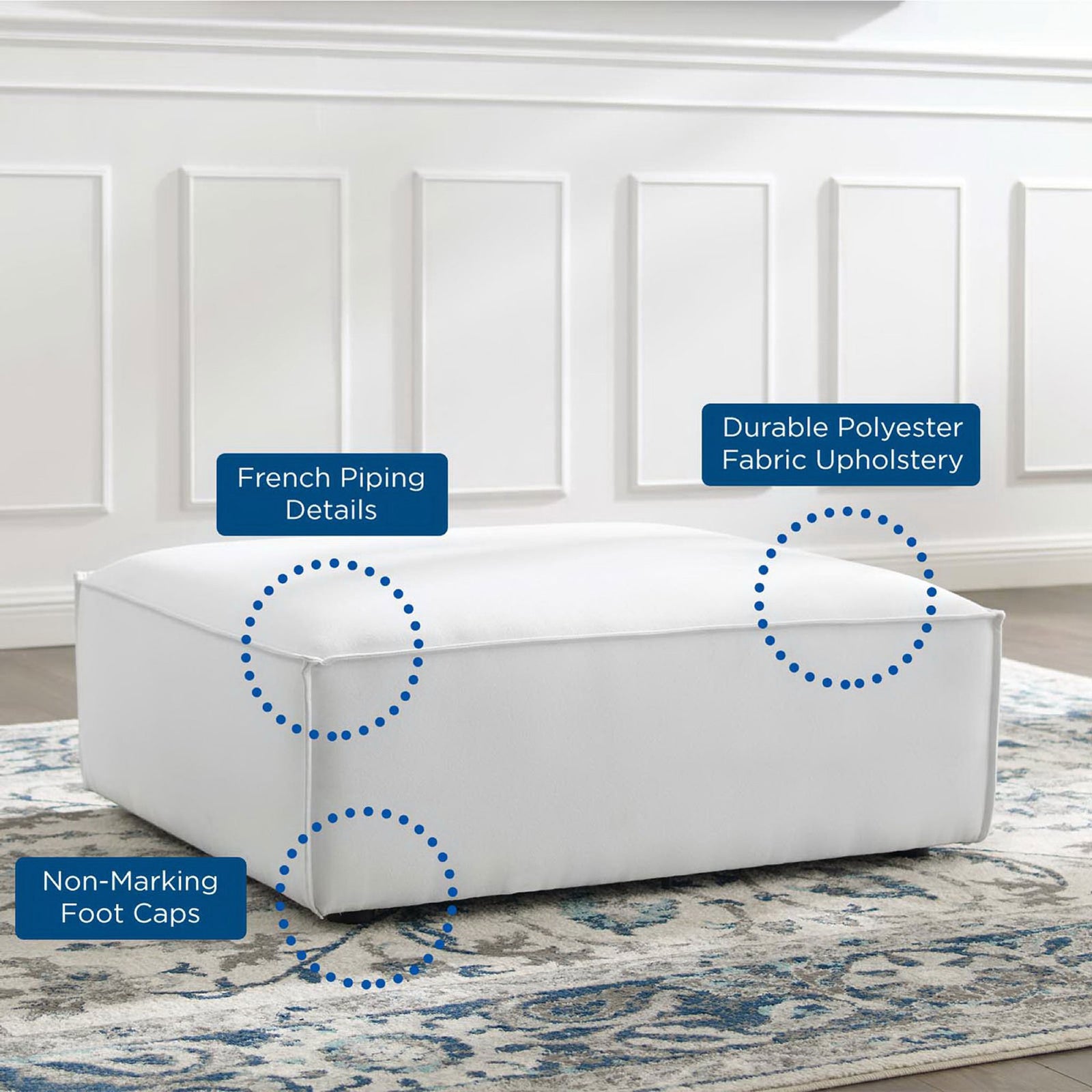 Restore ottoman styled in a bright living room showcasing durable fabric, French piping, and non-marking feet || EEI-3873-WHI || callout_room